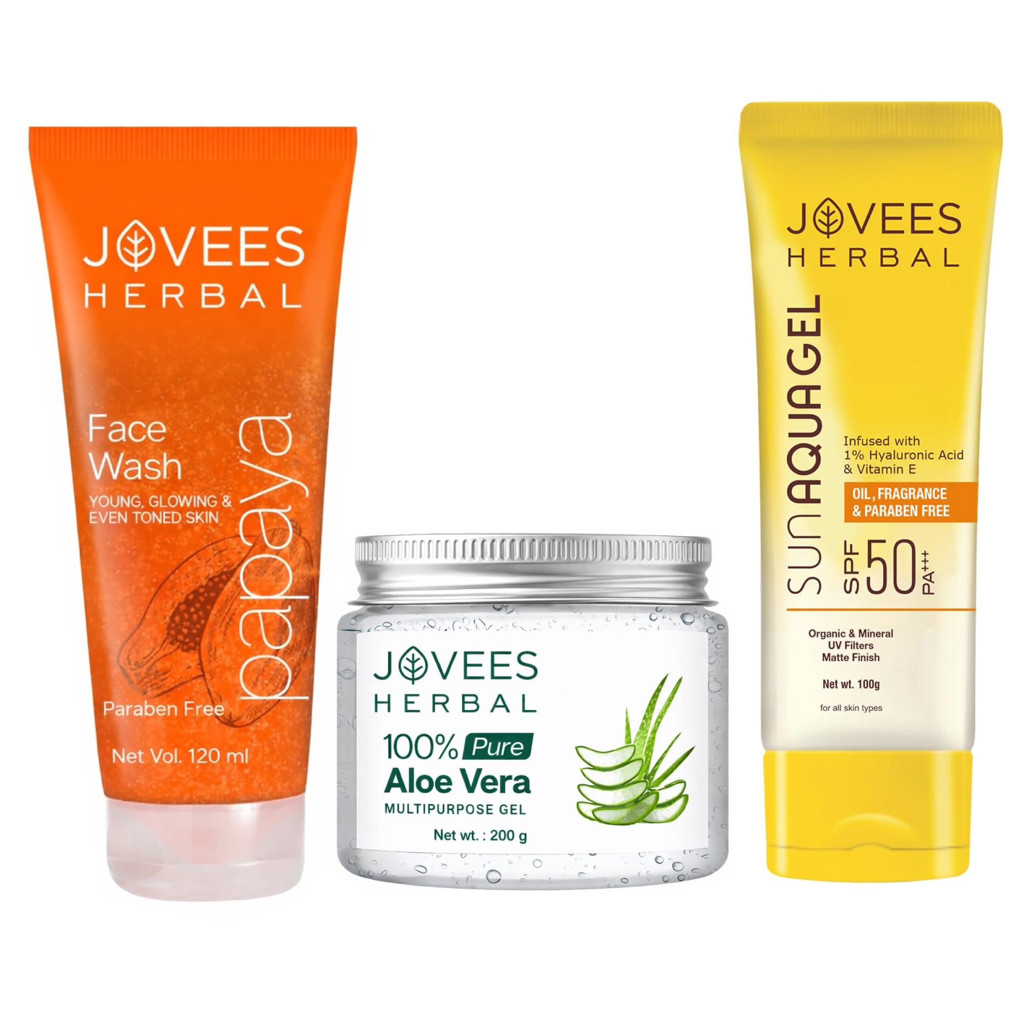 Jovees Herbal Hydrating Skincare Combo – Papaya Face Wash 120ml + Aloe Vera Gel 200g + Sun Aqua Gel SPF 50 100g | Brightens, Hydrates, Fades Dark Spots & Protects Skin | Men & Women-image-36