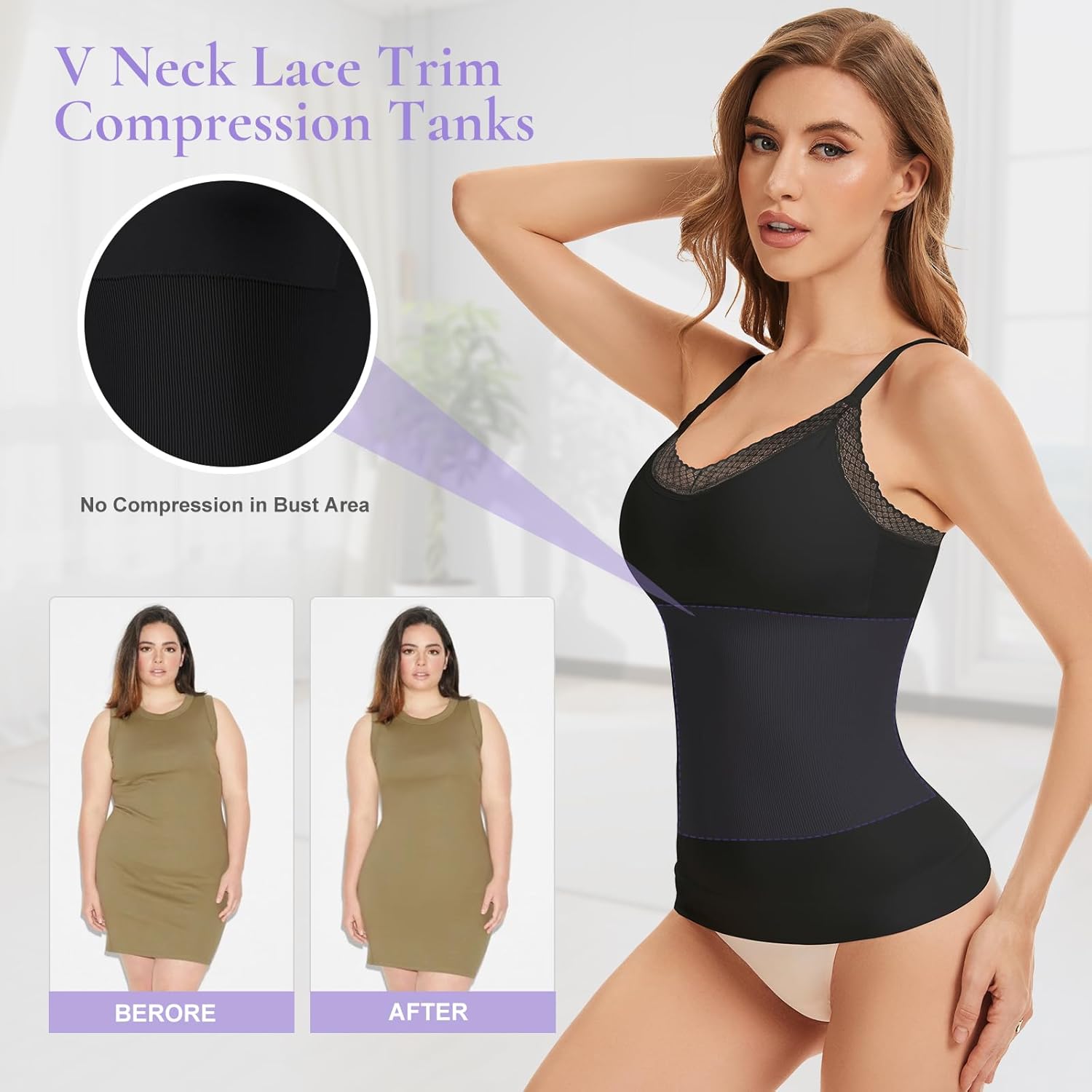 V Neck Compression Tank Tops for Women Tummy Control Shapewear Cami Shaper Seamless Body Shaping Tank Tops Lace - Image 4