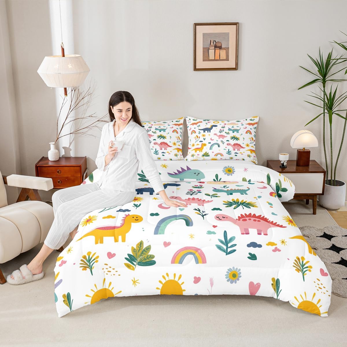 Feelyou Colorful Dinosaur Kids Comforter Set Twin Size Jungle Dino Bedding Set Wild Animal Duvet Quilt for Kids Boys Girls Bedroom Dino Print Decor Microfiber Ultra Soft Breathable