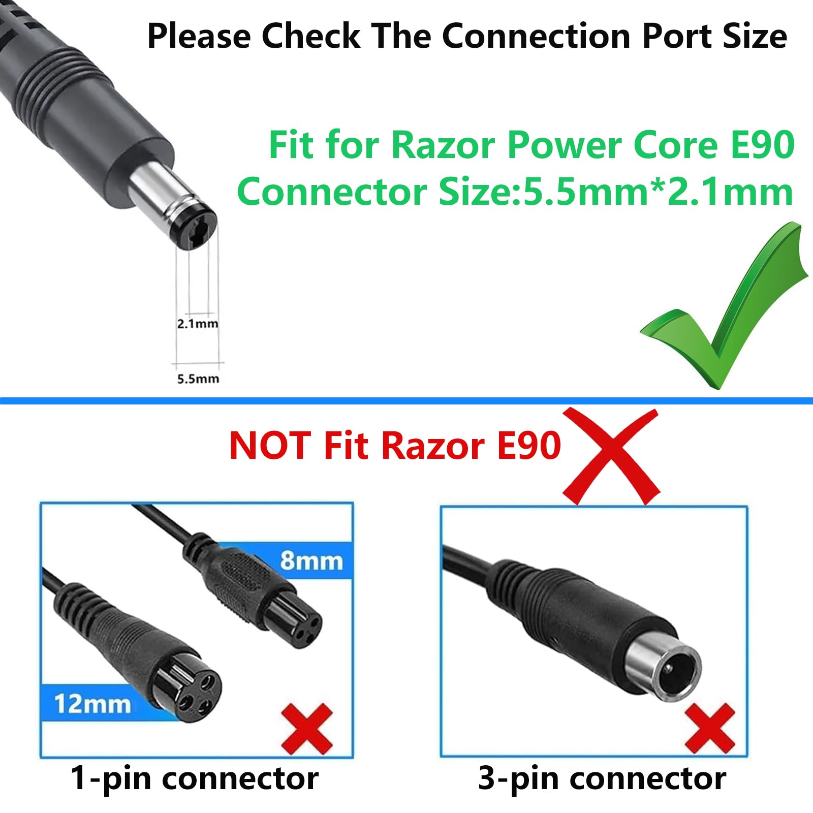 Cargador de repuesto de 12 V para Razor Power Core 90 Fuente de alimentación eléctrica para scooter Razor E90 E95 95, ePunk, XLR8R, máquina de gritos eléctrica, cable de alimentación de juguetes para 4