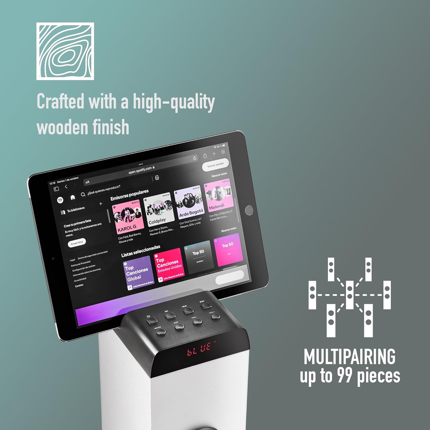 NGS Sky Charm Pro White Sound Tower with tablet showing multi-pairing feature