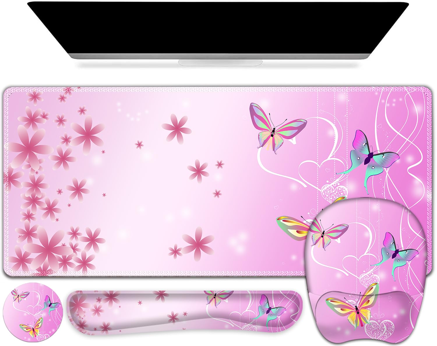 Mouse Pad with Wrist Support 4 in1 Set, XXL Big Game Mousepad + Keyboard Wrist Rest + Mouse Wrist Rest Pad +Coaster Gaming Mat for Work Study Home Office I Gradient Pink Butterfly Flower — image 1