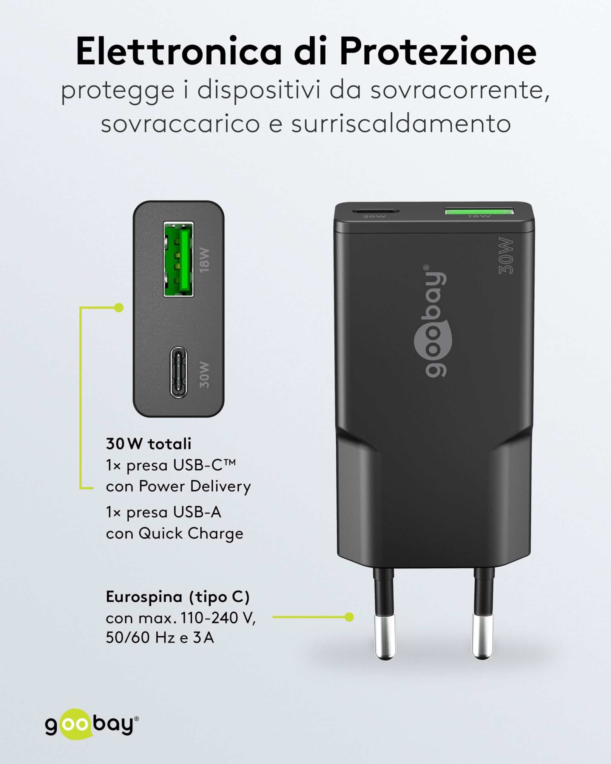 goobay Caricatore USB C GaN da 30W, adattatore di alimentazione super sottile con Power Delivery, per MacBook Air, iPhone, Samsung Galaxy, iPad Pro, Pixel - nero - 75737