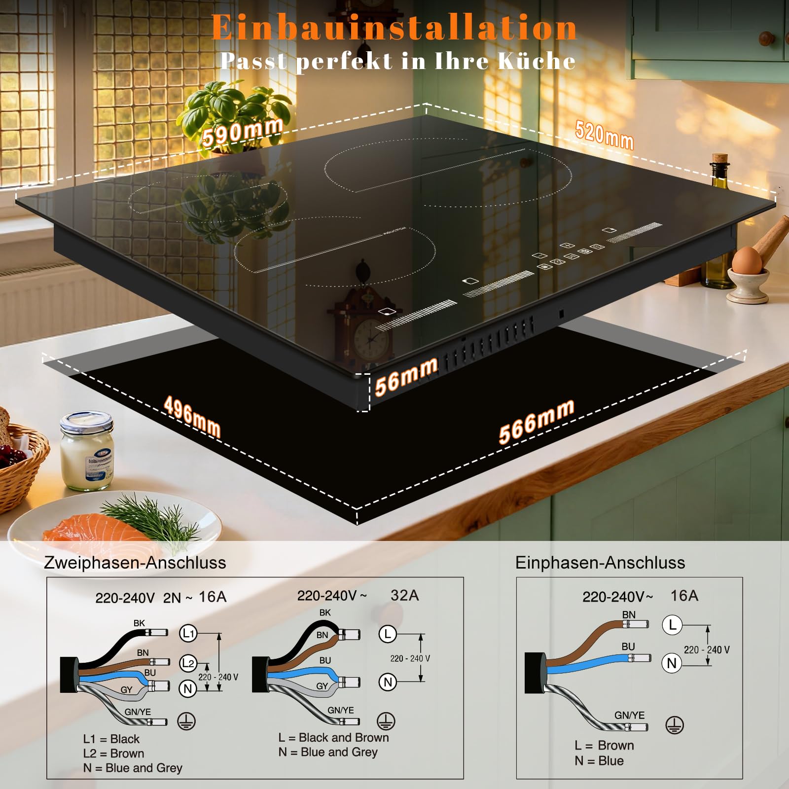 Induktionskochfeld 3 Zonen, 60 cm Einbau, 6500 W, 220-240 V Induktionsherd | 3 Platten, mit Boost-Funktion, 9-stufige Leistungsregelung, Pause, Kindersperre, Timer, Touch-Steuerung