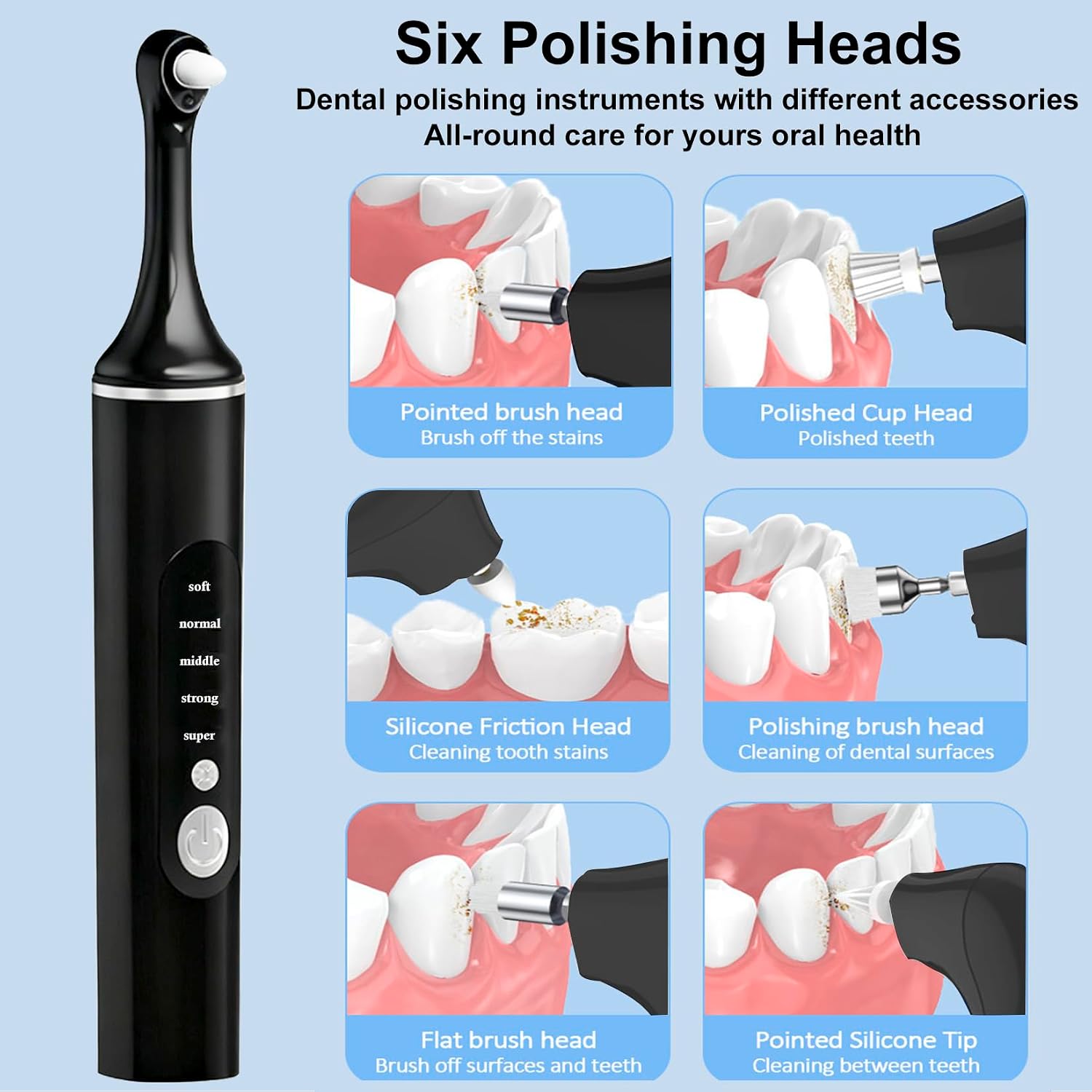 YOFOTHS Tooth Polisher, Rechargeable Teeth Polisher for Daily Cleaning, Whitening and Polishing, Electric Dental Teeth Polishing with LED Light, 6 Brush Heads, 5 Speed Modes, Waterproof
