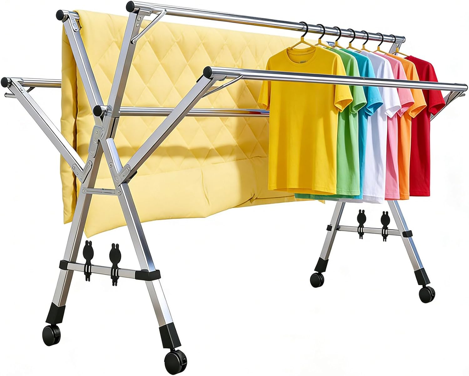HUHJYUGE Stainless Steel Laundry Drying Rack with Wheels, 5 Poles Foldable Portable Garment Drying Stand, Heavy Duty Outdoor Clothes Airer, Space-Saving Laundry Rack (240cm/94.5inch)