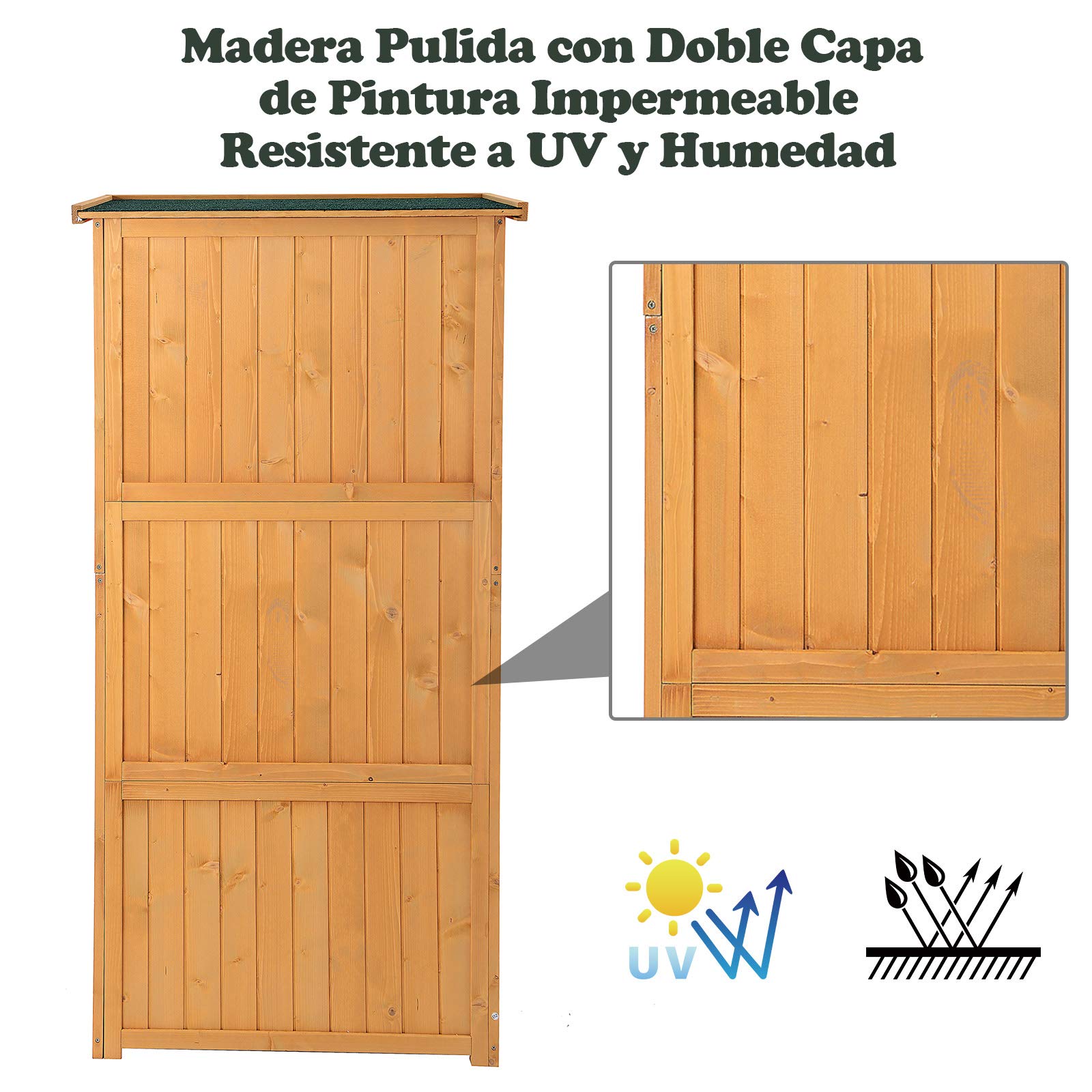 Outsunny Cobertizo de Madera Caseta Exterior Armario para Herramientas de Jardinería Persiana Delantera Compartimientos de Diferentes Tamaños 87x46.5x160cm Madera Maciza