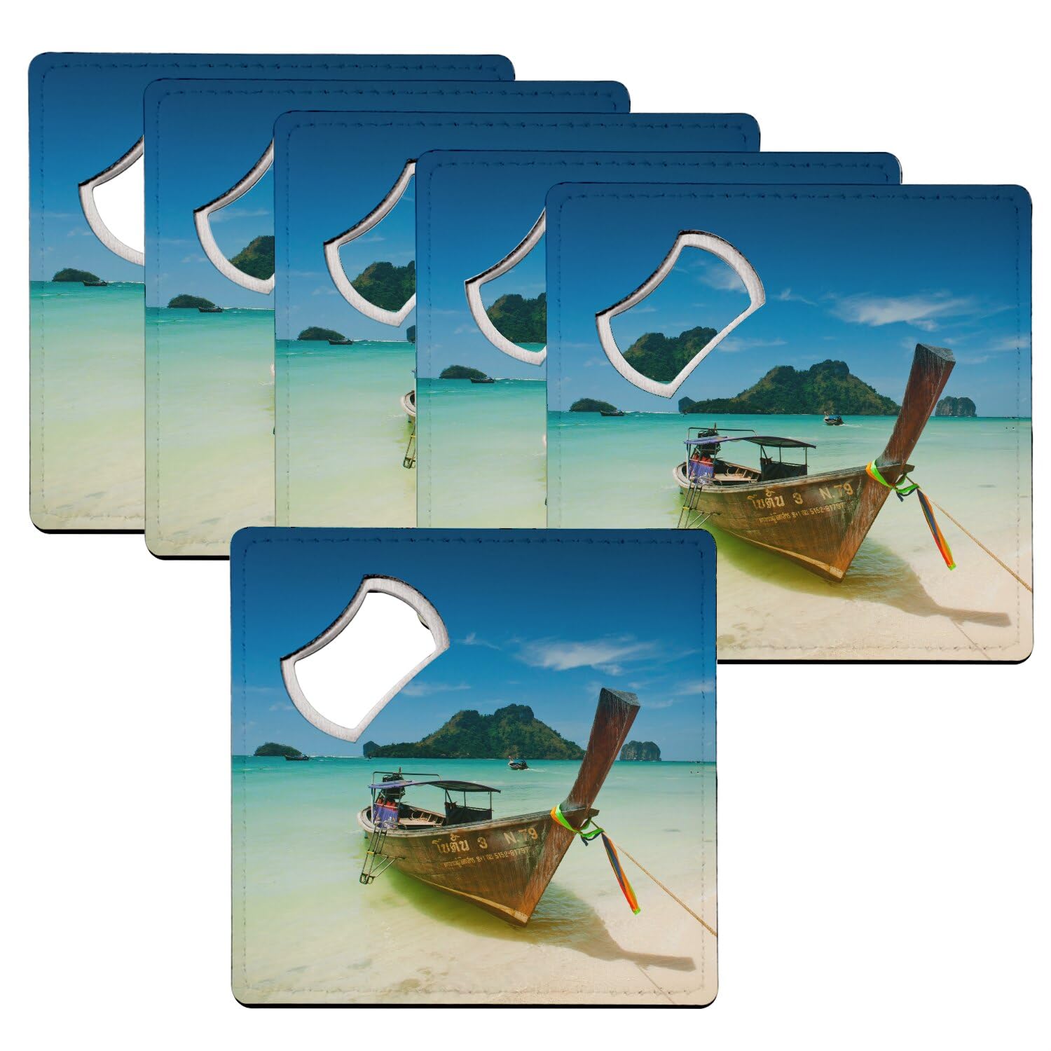 Sous-verre décapsuleur plage tropicale et barque thaïlandaise 92mm x6