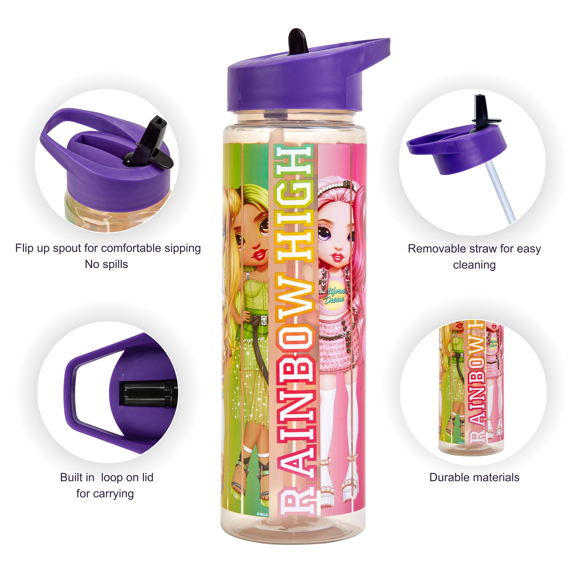 Papillon Collection Rainbow High Gourde à paille rabattable de 600 ml | Bouteille d'eau réutilisable en plastique sans BPA avec boucle de transport | Paille amovible et anti-déversement | Produit sous