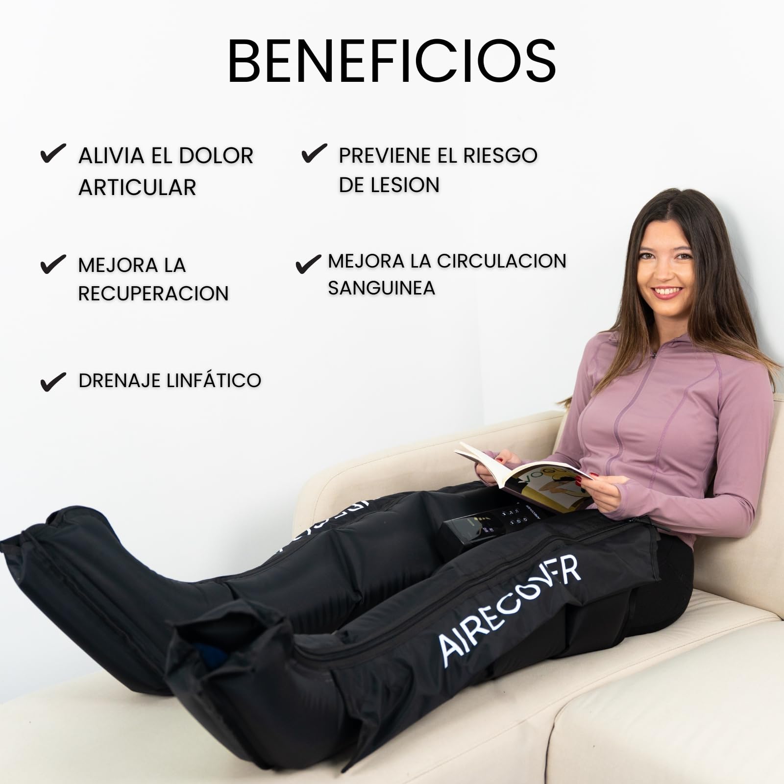 Presoterapia para Casa,Masajeador para Piernas y Pies con 4 Cámaras de Aire, 6 Modos, 9 Niveles, 40–200 mmHg, Masaje de Compresión para Piernas Cansadas, Recuperación y Relajación (M:170-182 CM)