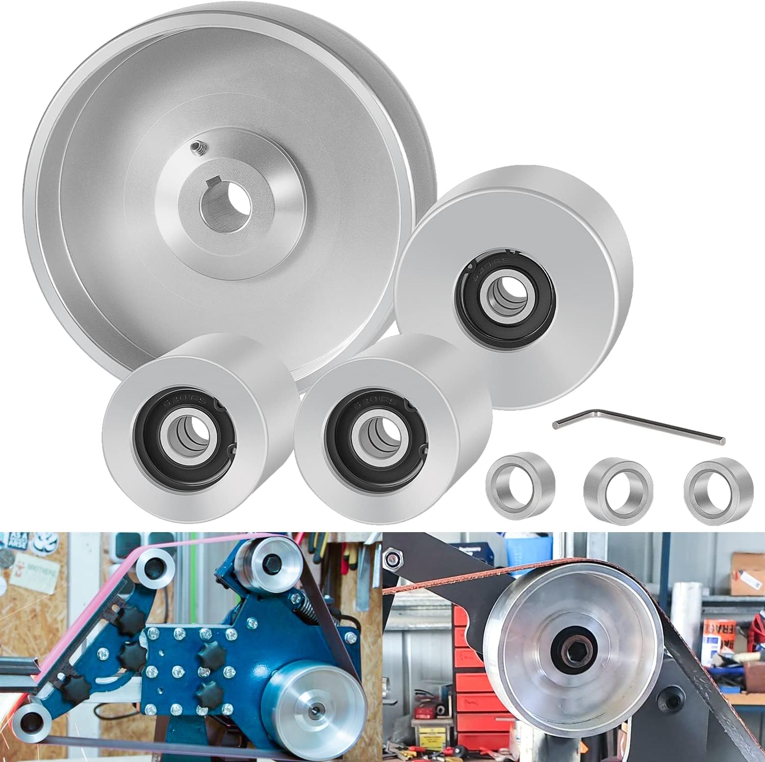 2" x 72" Belt Grinder Wheel Set Complete Wheel Kit Aluminum Wheel Crowned for Knife Grinder 5" Drive 5/8" Bore 3" Track 2" Idler (5" 5/8-3" - 2")