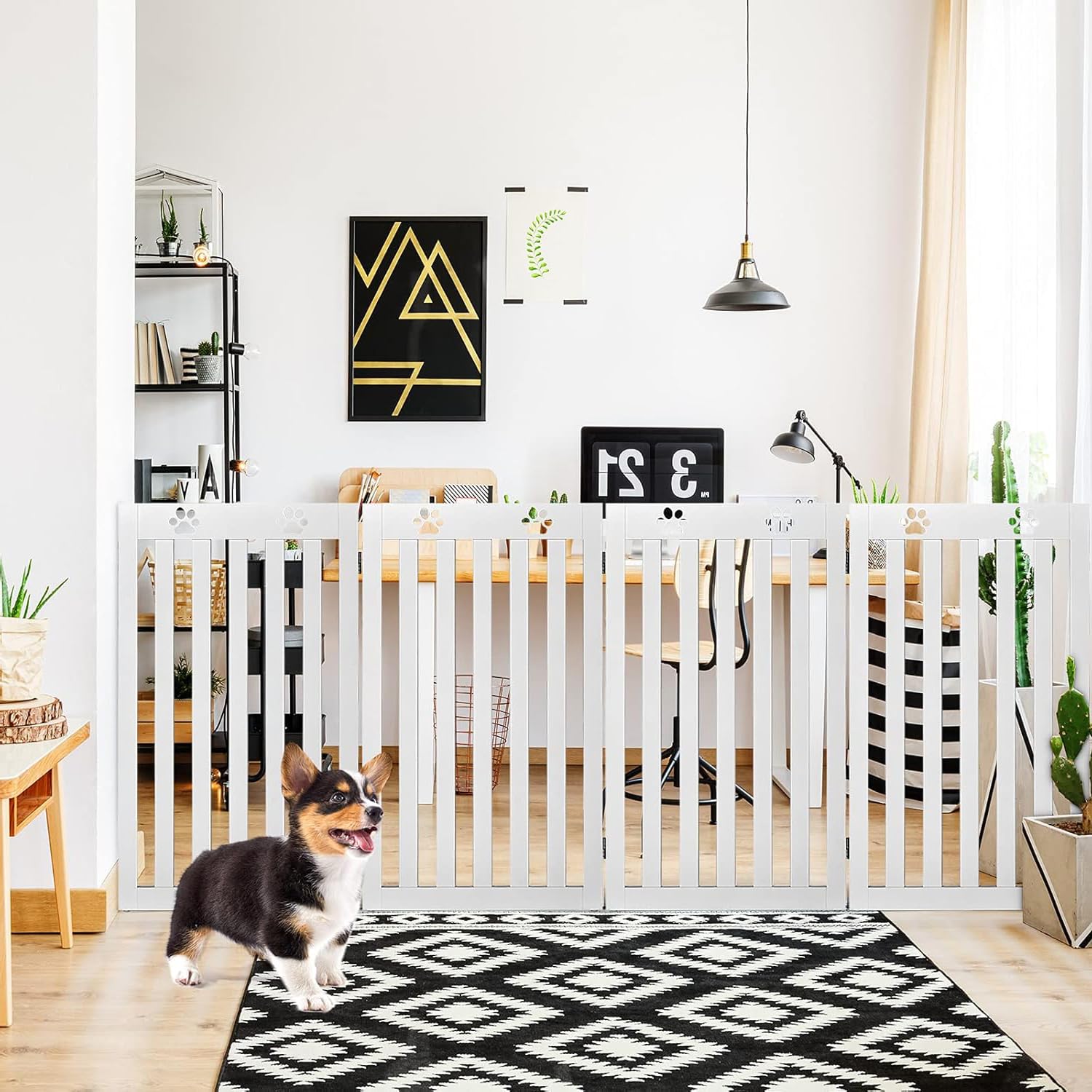 SOARS Absperrgitter Hund, 204x90cm Hundegitter Wohnung mit 2 Stützfüßen, Faltbares Schutzgitter, Treppengitter, Absperrgitter für Küche, Flur, Kamin & Ofen, 4 Paneelen, Weiß