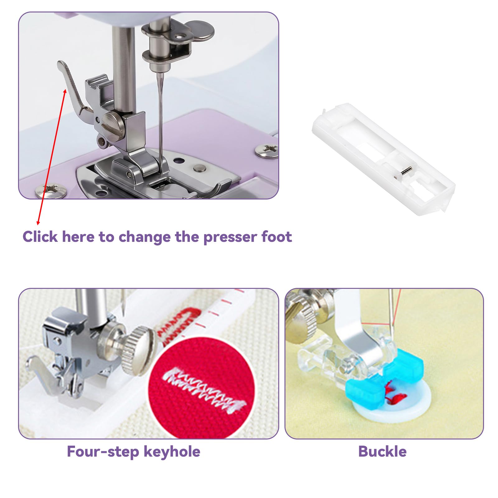 Máquina de coser eléctrica púrpura con mesa de extensión, juego de 11 prensatelas y kit de costura de 97 piezas, pedal de 2 velocidades, ideal para principiantes, adultos, niños, uso doméstico