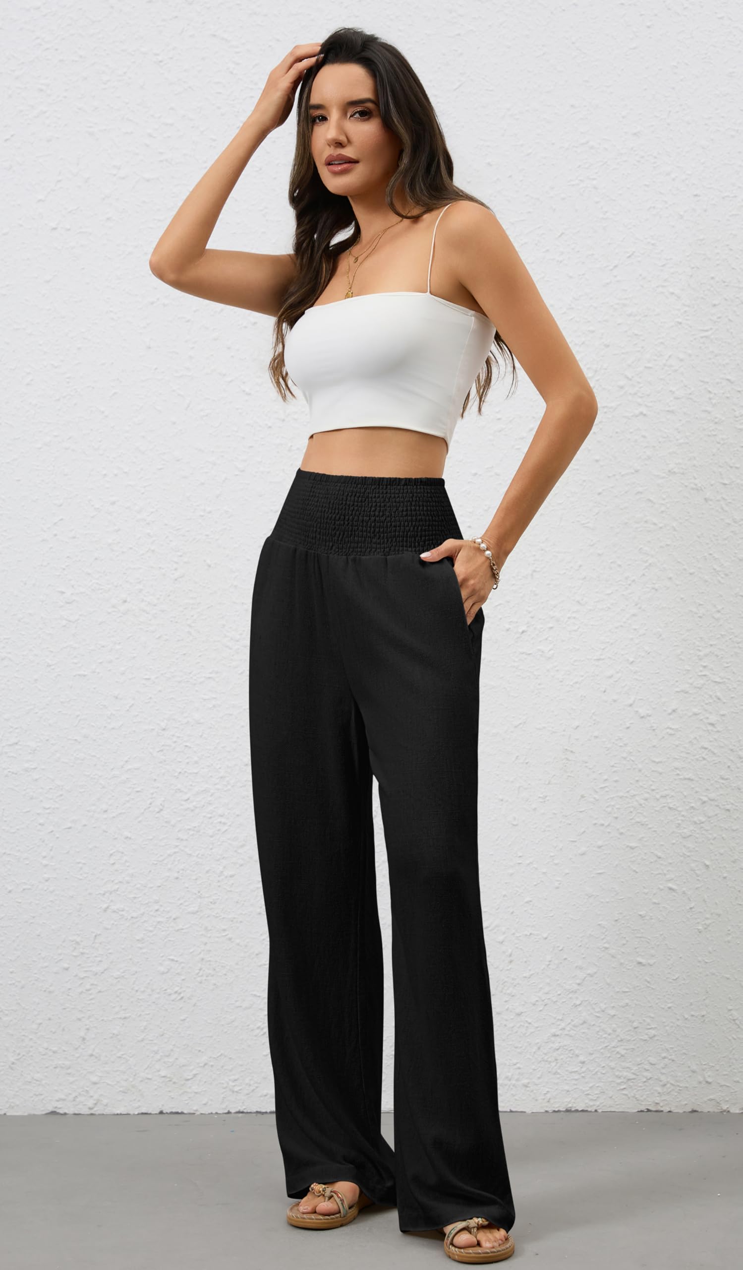 Pantalones de mujer de pierna ancha, elegantes Palazzo, informales, informales, de cintura alta, pantalones de tela largos, ligeros, cintura plisada, con bolsillos