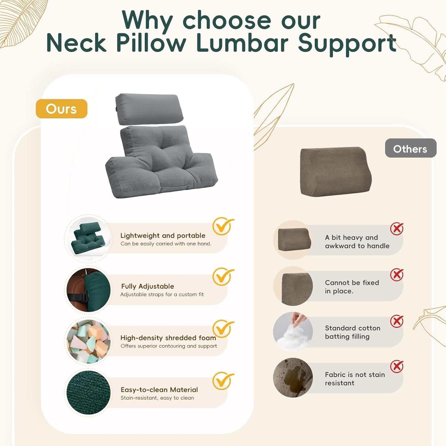 Back Support Cushion, Lumber Support Cushions with Adjustable Neck Pillow, Posture Support Side Sleeper Pillows Neck Support - Image 5