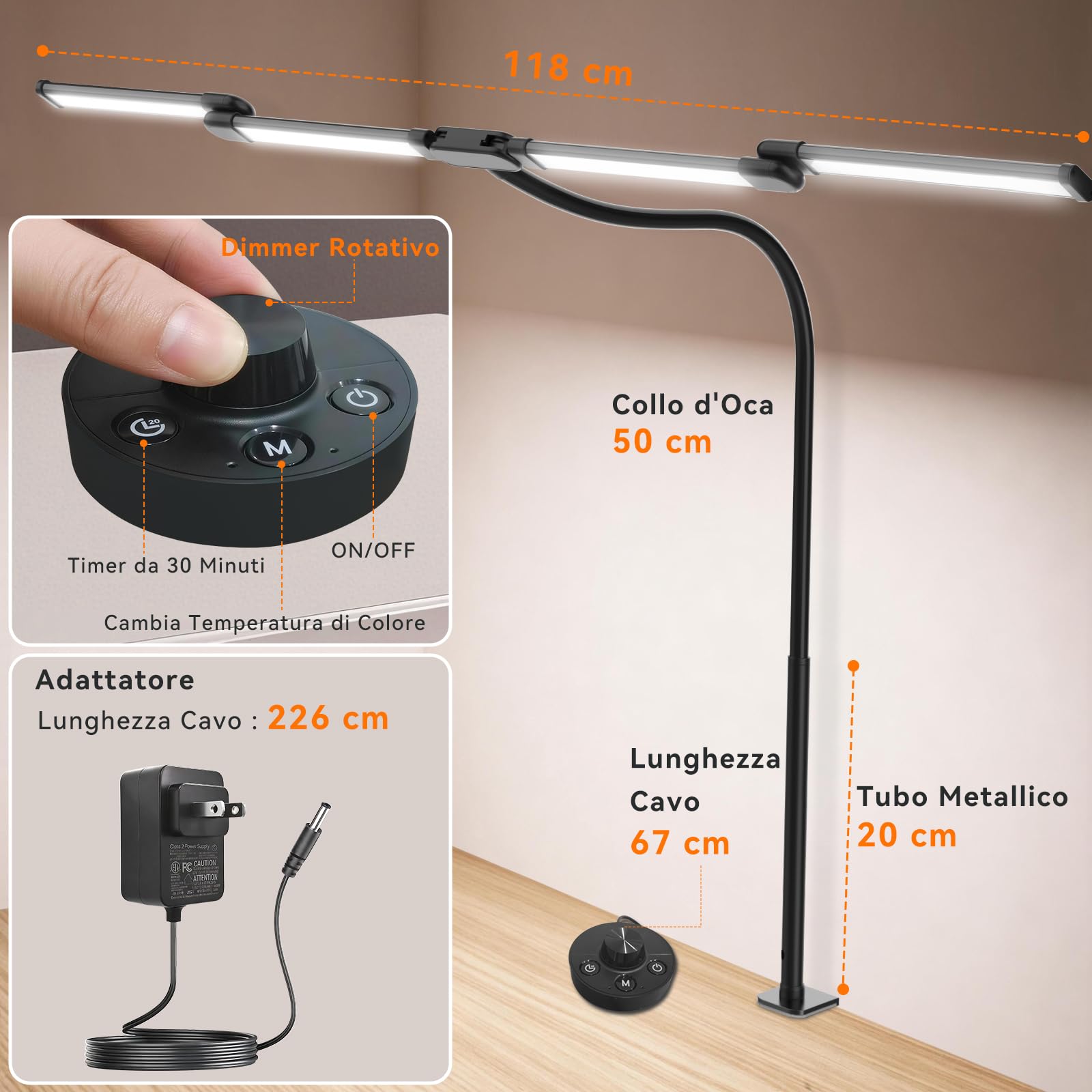 Lampada da Scrivania LED per Ufficio, 118 cm, 4 Barre Luminose, Lampada Scrivania con Morsetto – 24W 1960 lm Lampada da Tavolo a Collo di Cigno, 5 Colori e 10 Luminosità, Luce per Monitor PC