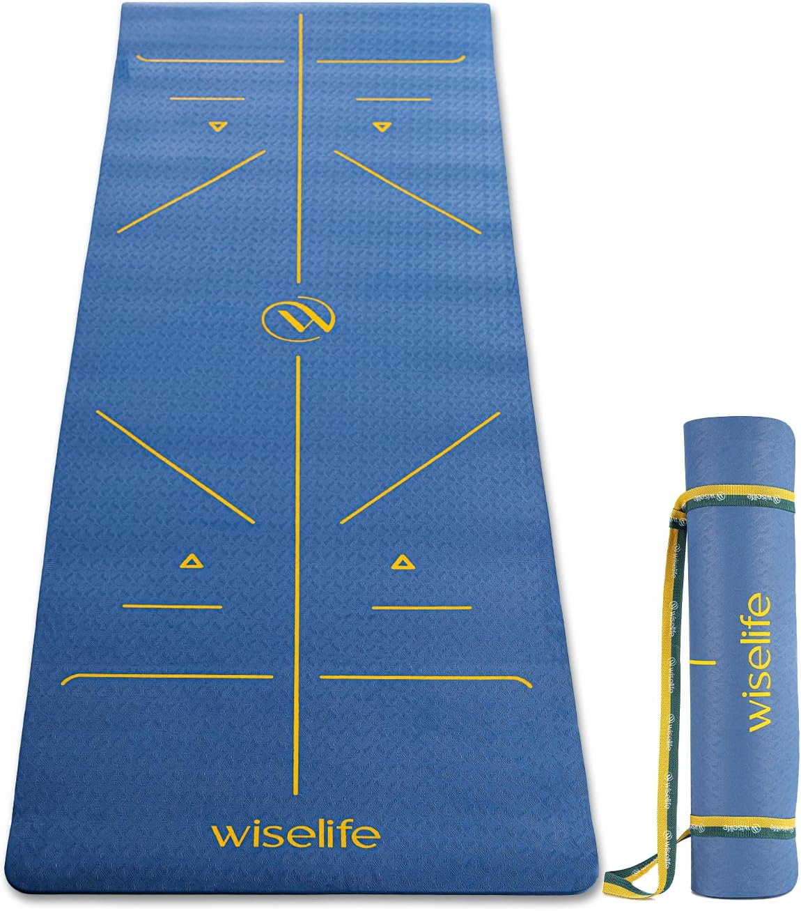 WiseLife TRU Alignment Yoga Mat + Sleek Yoga Strap for Men and Women (ProBalance TPE Material 6mm Extra Thick Extra Long Extra Wide) (Midnight Blue)