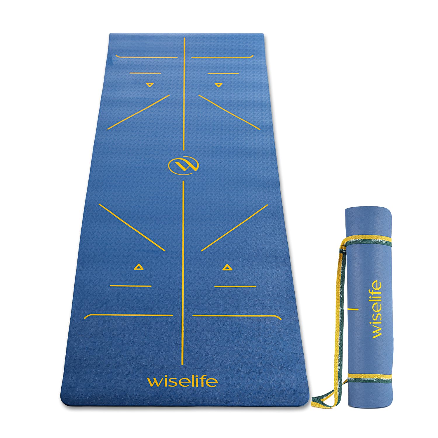 WiseLife TRU Alignment Yoga Mat + Sleek Yoga Strap for Men and Women (ProBalance TPE Material 6mm Extra Thick Extra Long Extra Wide) (Midnight Blue)