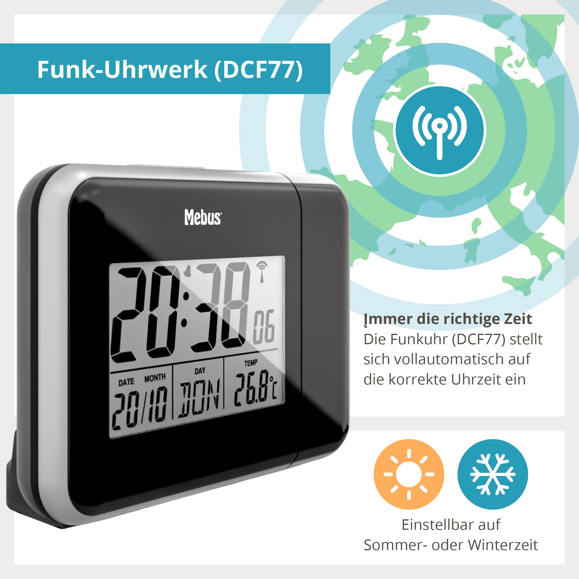 MEBUS digitaler Funkwecker mit Projektion der Uhrzeit an Decke Wand, INKL. Netzstecker, Batteriebetrieb Möglich, Dauerprojektion, schwenkbar, Thermometer/Farbe: Schwarz/Modell: 42425