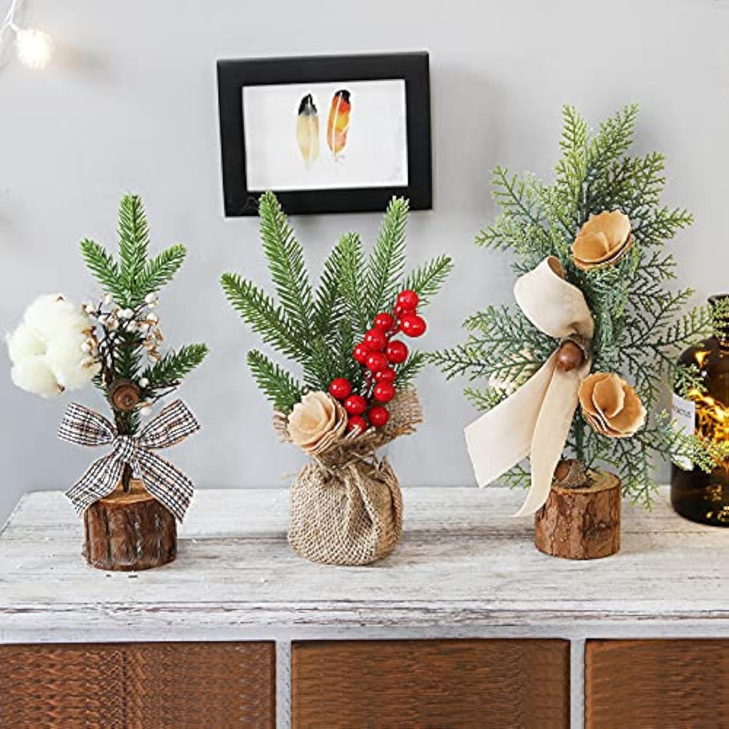 GGEROU 3 Pcs Mini Christmas Tree Table Decorations, 8" Small Artificial Trees with Red Berries Pine Cone Greenery Tabletop Centerpiece for Home Office Room Holiday Decorations