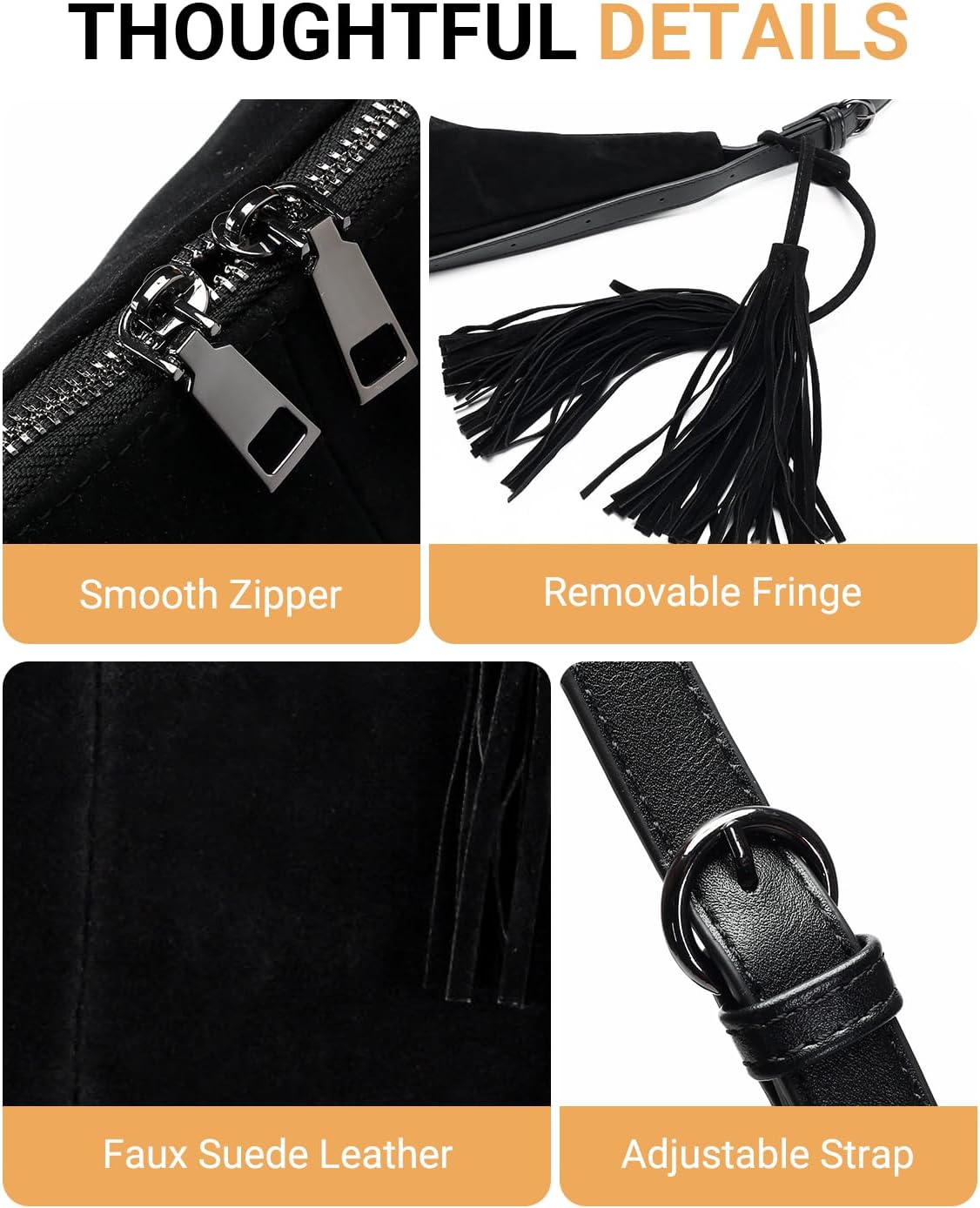 Herald Tassel Suede Hobo Shoulder Bag for Women, Retro Slouchy Crescent Crossbody Purse Handbag with Adjustable Strap - Image 6