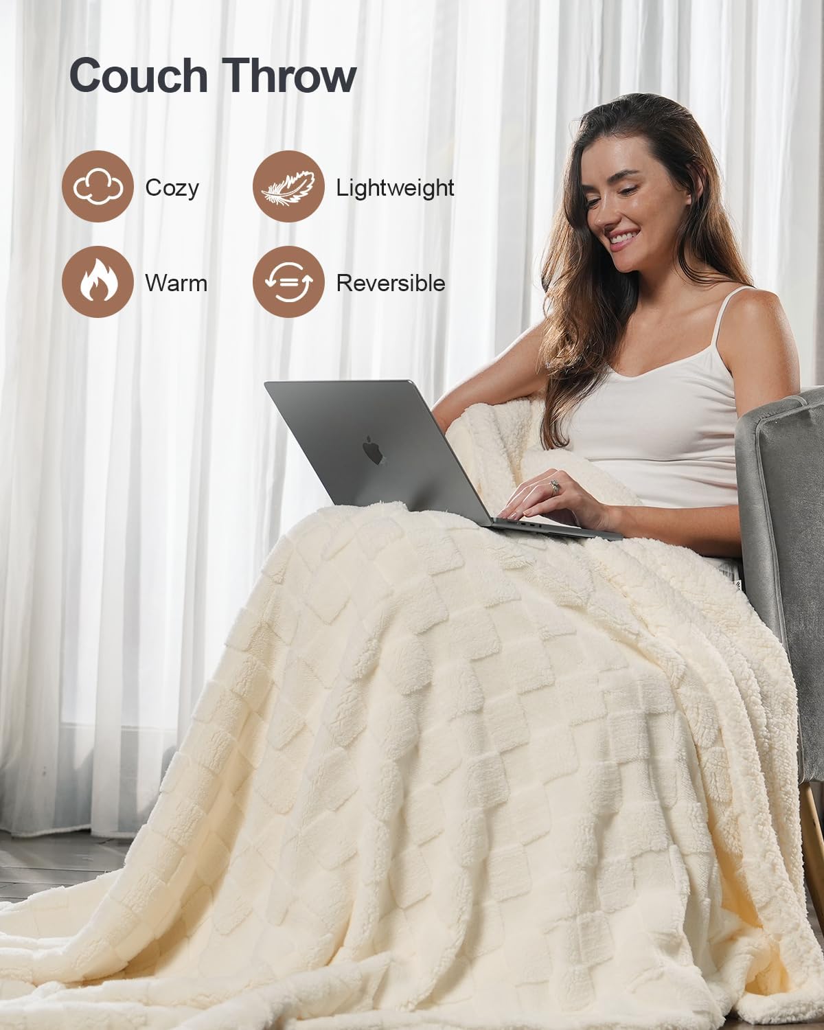 Pawque Super Soft Cozy Throw Blanket Twin Size for Couch Bed, Fluffy Sherpa Fleece Reversible Thick Warm Fuzzy Blanket for All-Season, 3D Checkered Jacquard Decorative Blanket, Cream White, 60" x 80" - Image 2