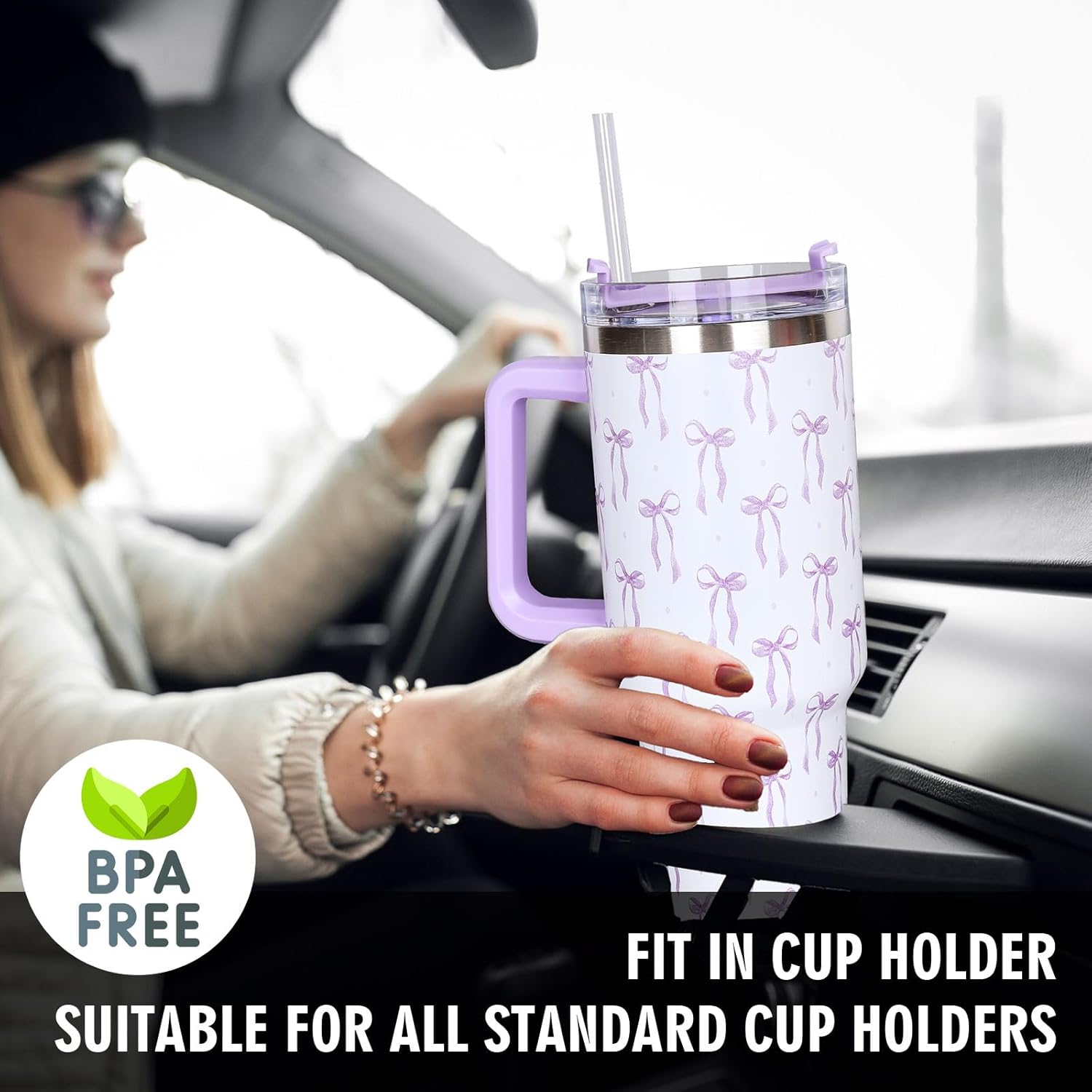 Whaline 40oz Purple Bow Tumbler with Handle Straw and Lid Bow-Knot Travel Coffee Tumbler Cup for Women Friend Holiday Birthday - Image 6