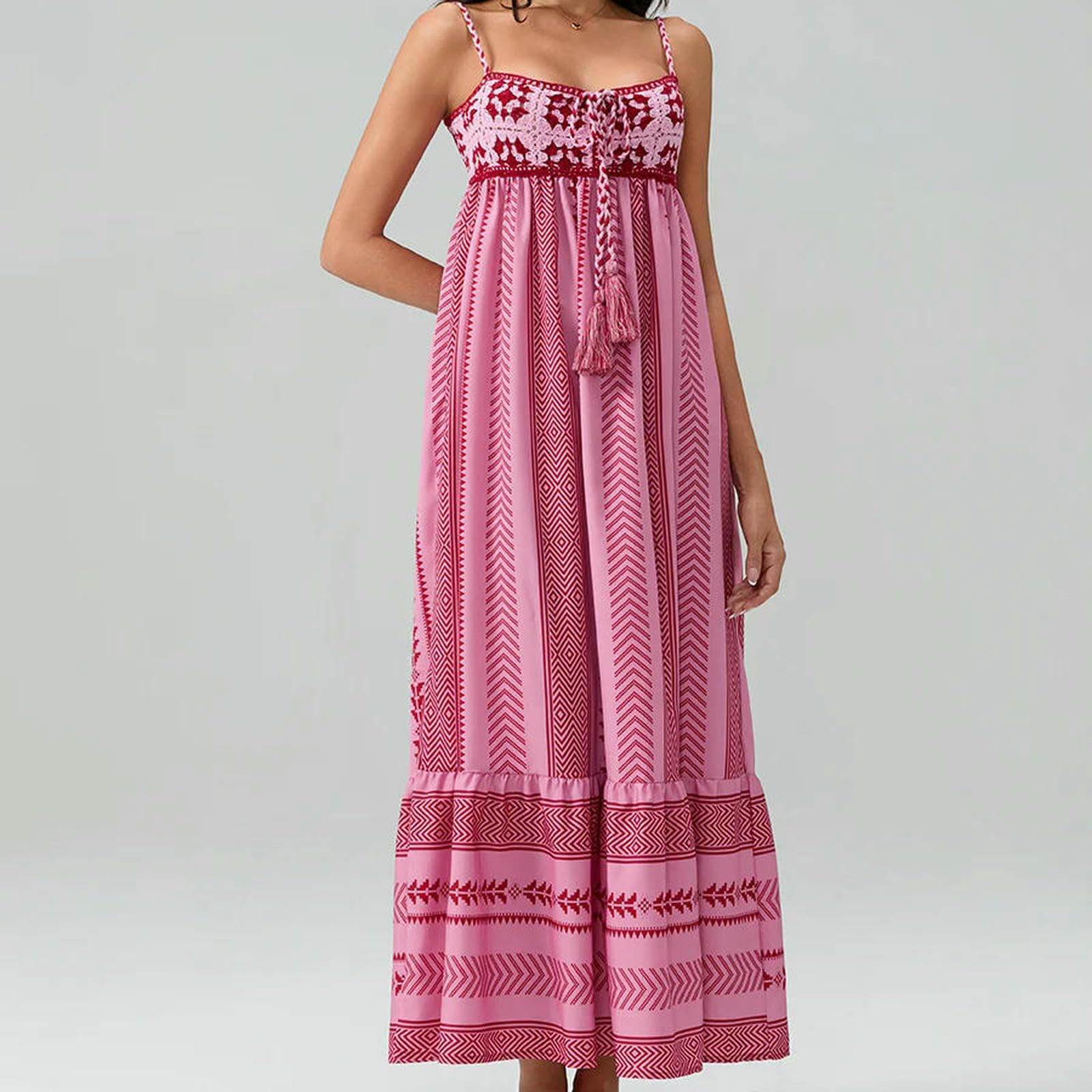 Abito Donna Invernale Summer Women Senza Maniche Flowy Vaccation Party Eleganti Nappe all'Uncinetto di Stampa Geometrica-Rosa-l