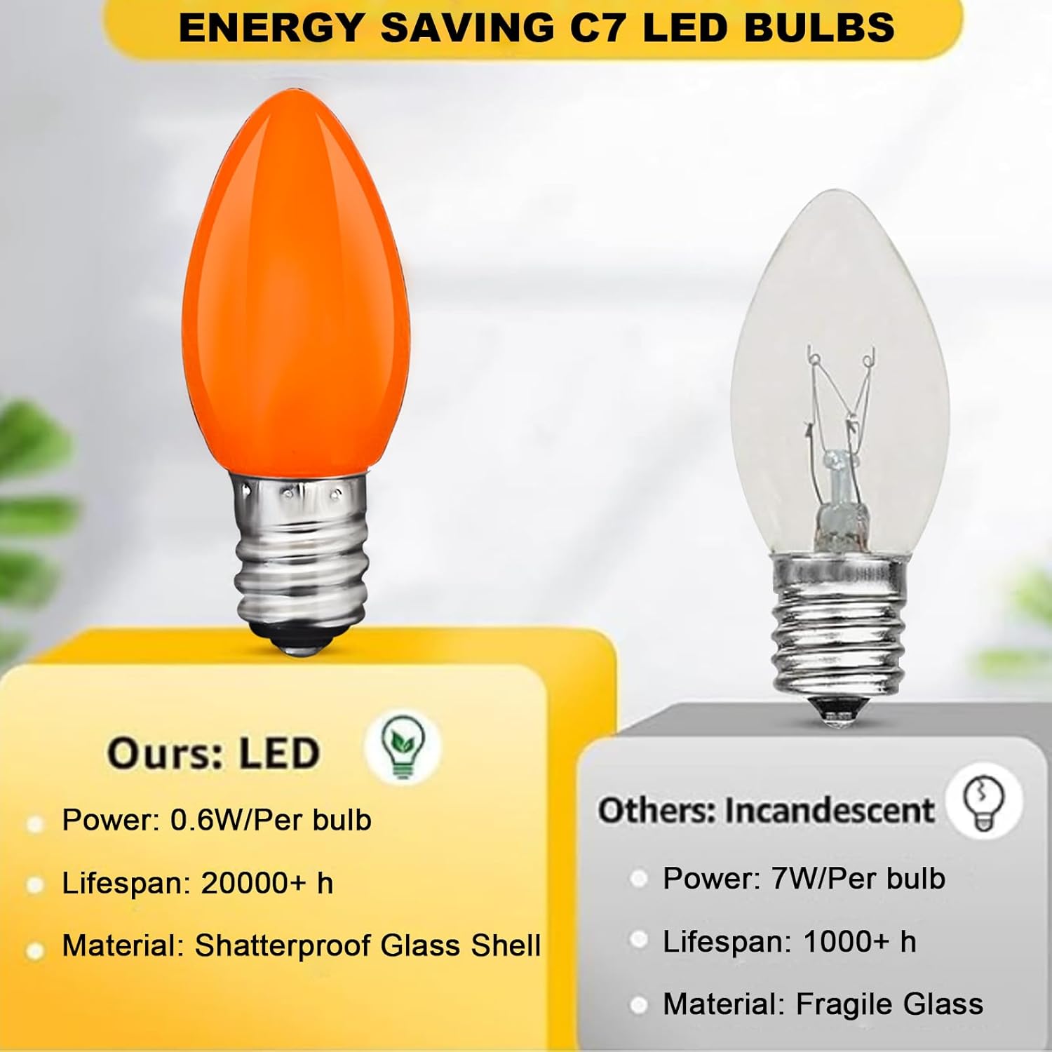 C7 Orange LED Light Bulbs, 25-Pack E12 Base, Halloween & Outdoor String Lights, Waterproof, Energy-Efficient Night Light Bulbs, Replacement Bulbs for Porch, Patio, Yard & Holiday Decor