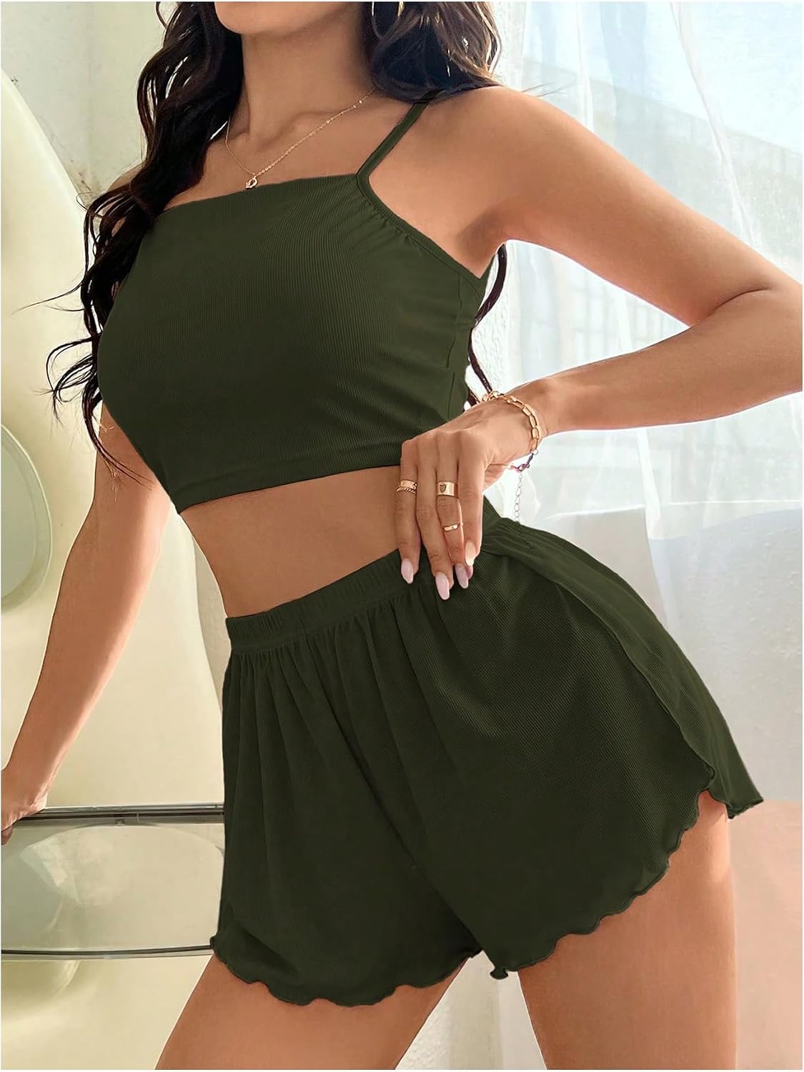 OYOANGLE Women's 2 Pack Pajama Set Ribbed Knit Cami Crop Top and Side Split Shorts Set Pjs Sleepwear