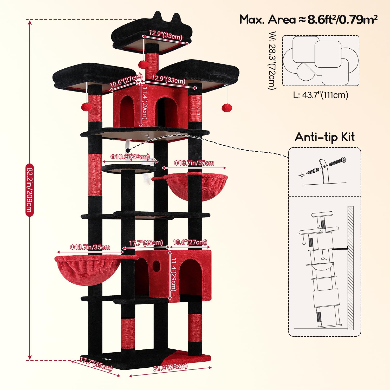 Globlazer Gothic Cat Trees and Towers for Multiple Adult Cats, 82-inch XXL Tall Goth Cat Tree Tower for Indoor Cats with Scratching Post, 3 Perches, 2 Condos, 2 Hanging Baskets, F82, Black Red