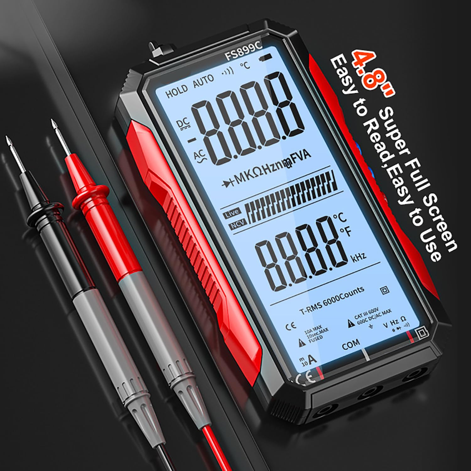 FS899C/FS899L Multimeter, True RMS Smart USB Rechargeable Digital Multimeter – 6000 Counts, Large Color Screen & Backlight, Automatic Tester for Electrical Issues (FS899C)