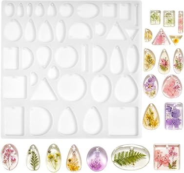 Resin Jewelry Molds Silicone Molds Casting Tray with Hole Assorted Shapes Handmade Resin Pendant Mold for DIY Gem Cabochon Earring Necklace Jewelry Keychain Bookmark Making Kit Crafting Projects