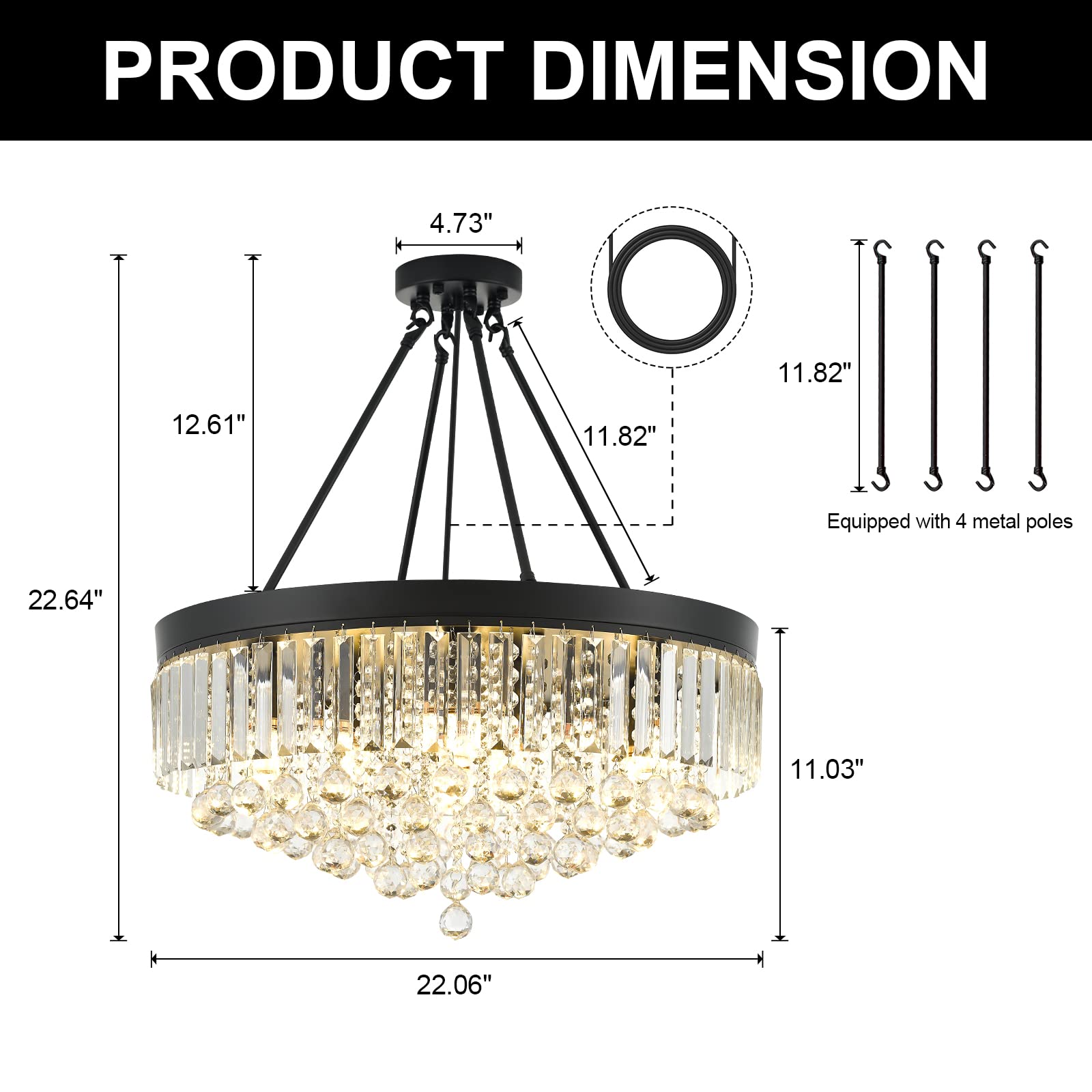 brfaixla 9-Light Crystal Chandelier Black 21.67'' Modern Semi Flush Ceiling Crystal Hanging Light Fixture Sparkling Decoration for Living Dining Room Bedroom Kitchen Island Hallway Foyer