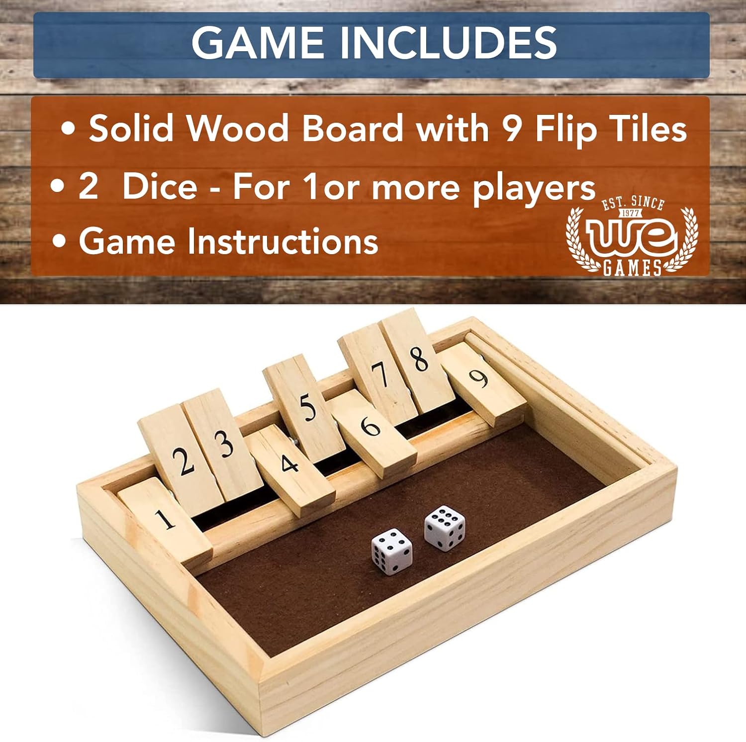 WE Games Classic Dice Board Game – 9 Number Flip Tiles with Natural Wooden Box - 11 inches