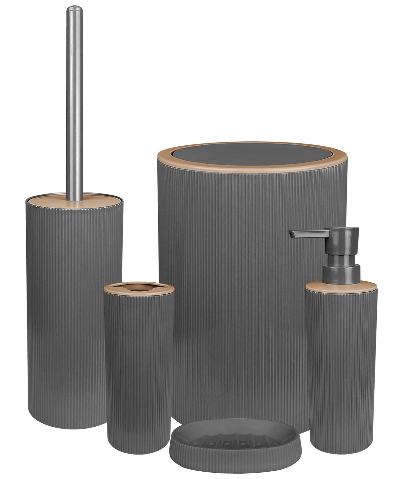 Set Completo Accessori Bagno 5 Pezzi Design Moderno In Plastica Incluso Cestino Pattumiera,Dispenser Sapone Portascopino Con Scopino Incluso,PortaSaponetta,Porta Spazzolini - Grigio