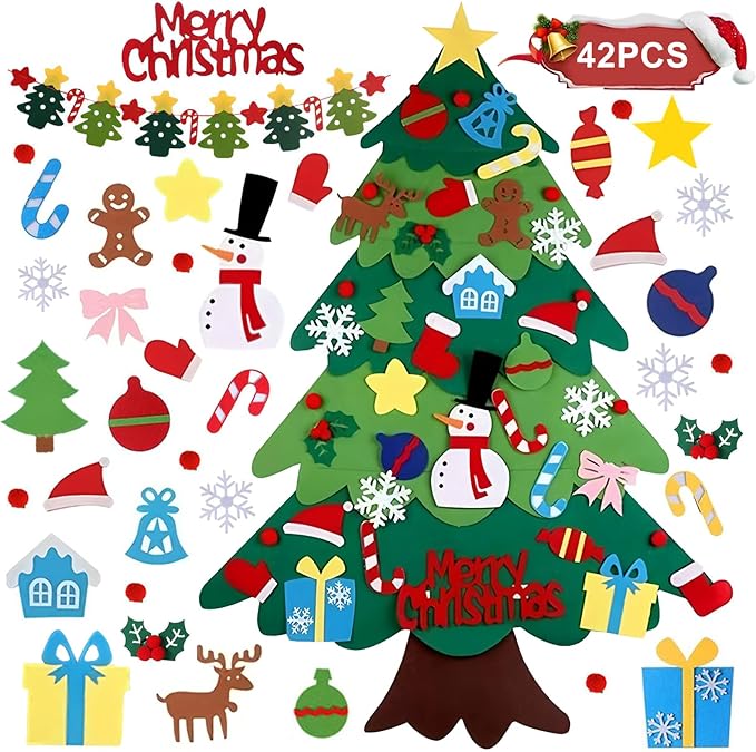 Filz Weihnachtsbaum mit Banner, 95cm DIY Kinder Filz Weihnachten Bastelset, Weihnachten Dekoration Hängend Dekor Mit 42 Abnehmbaren Hängenden Ornamenten Und Banner, Weihnachtsbaum für Home Tür Wand