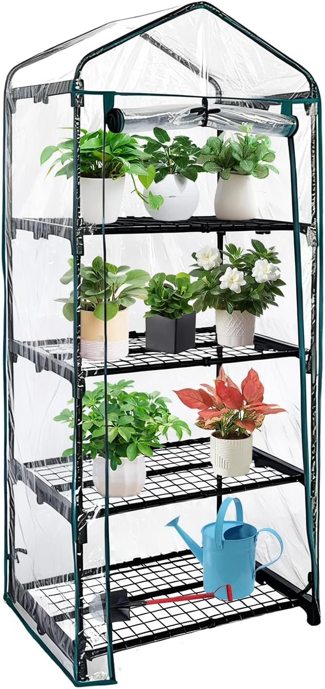 4 Tier mini Indoor Greenhouse Upgraded with Shelf Clips,27"x19"x62" Greenhouse for Indoors&greenhouses for Outdoors with PVC Cover and Roll-Up Zipper Door