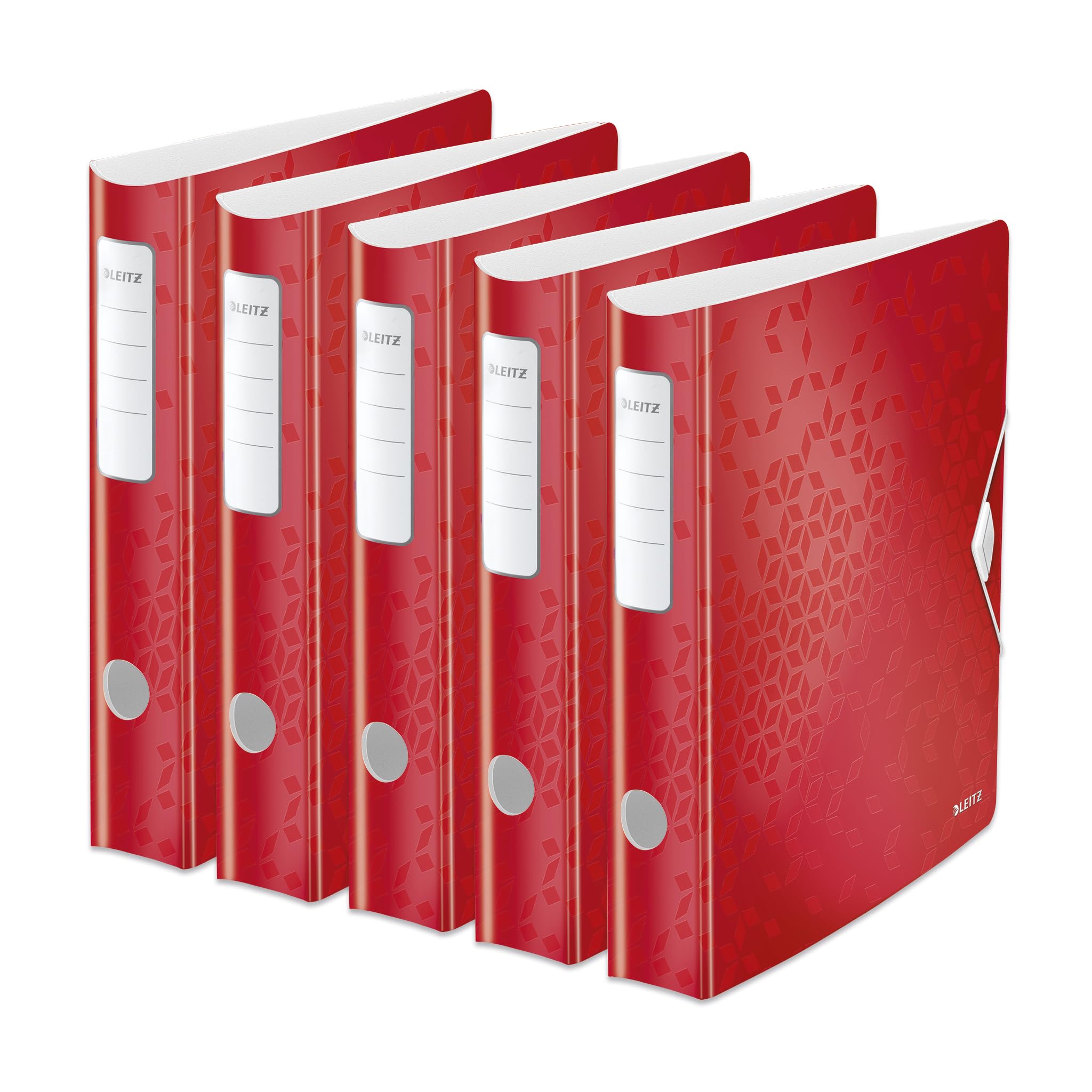 Leitz Qualitäts-Ordner 180° Active WOW, 5er Pack, A4, Schmal, abgerundeter Rücken, 6,5 cm breit, Gummibandverschluss, wasser- und schmutzabweisendes Polyfoam, Innentaschen, WOW Serie, Rot, 11070026