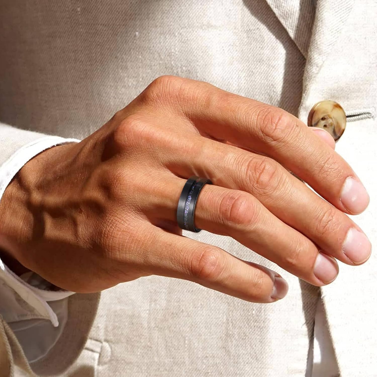 TRUMIUM 8mm Mens Wedding Band Tungsten Rings for Men Women Copper Sand Groove Center Black Mens Rings Beveled Edges Comfort Fit Size 7-13 - Image 5