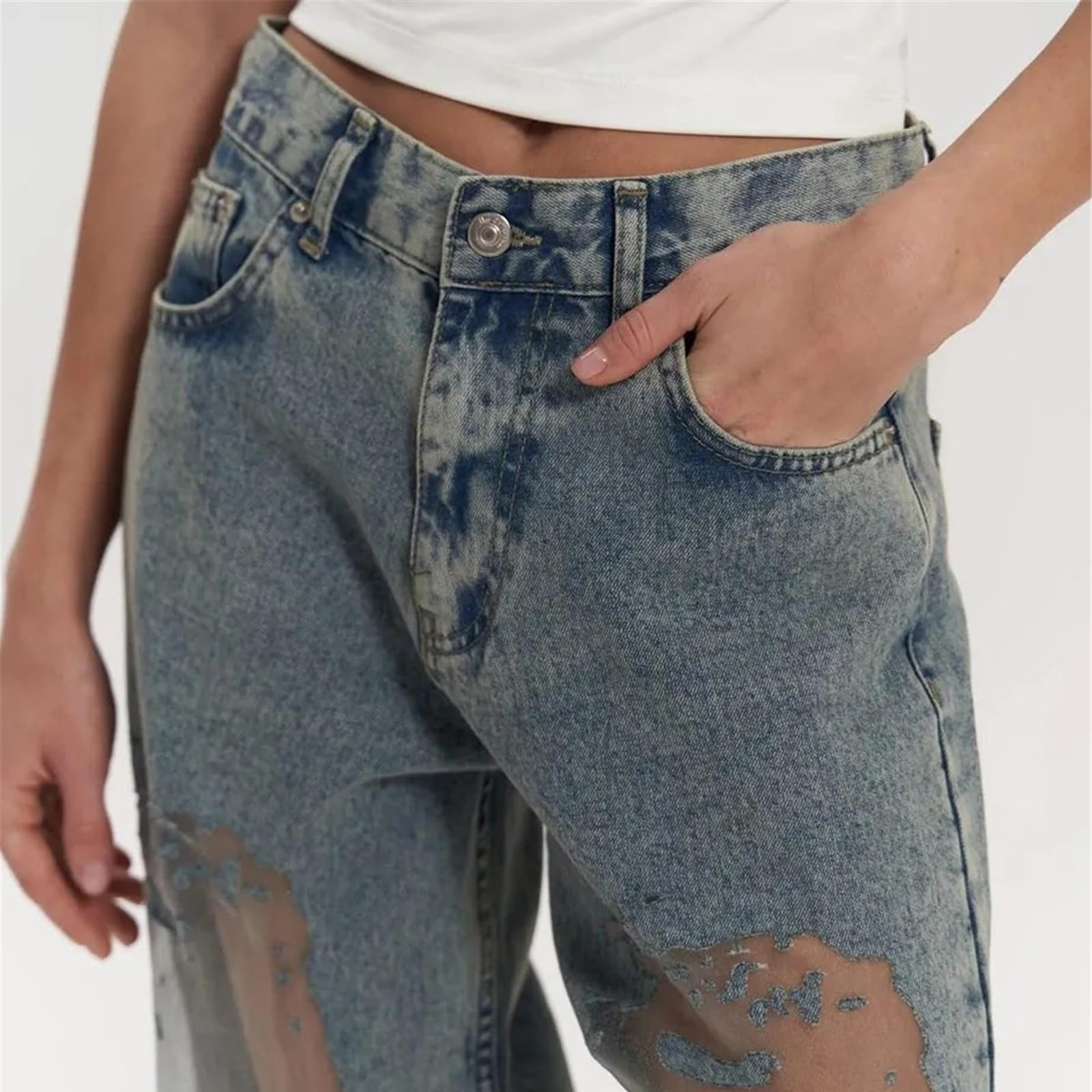 Damskie Jeansy Vintage z Siateczki Patchworkowej Seksowne Luźne Swobodne z Wysokim Stanem i Szerokimi Nogawkami Dżinsowe Spodnie Hip-hopowe Boyfriend Luźne Streetwear Sprane Zniszczone Jeansy