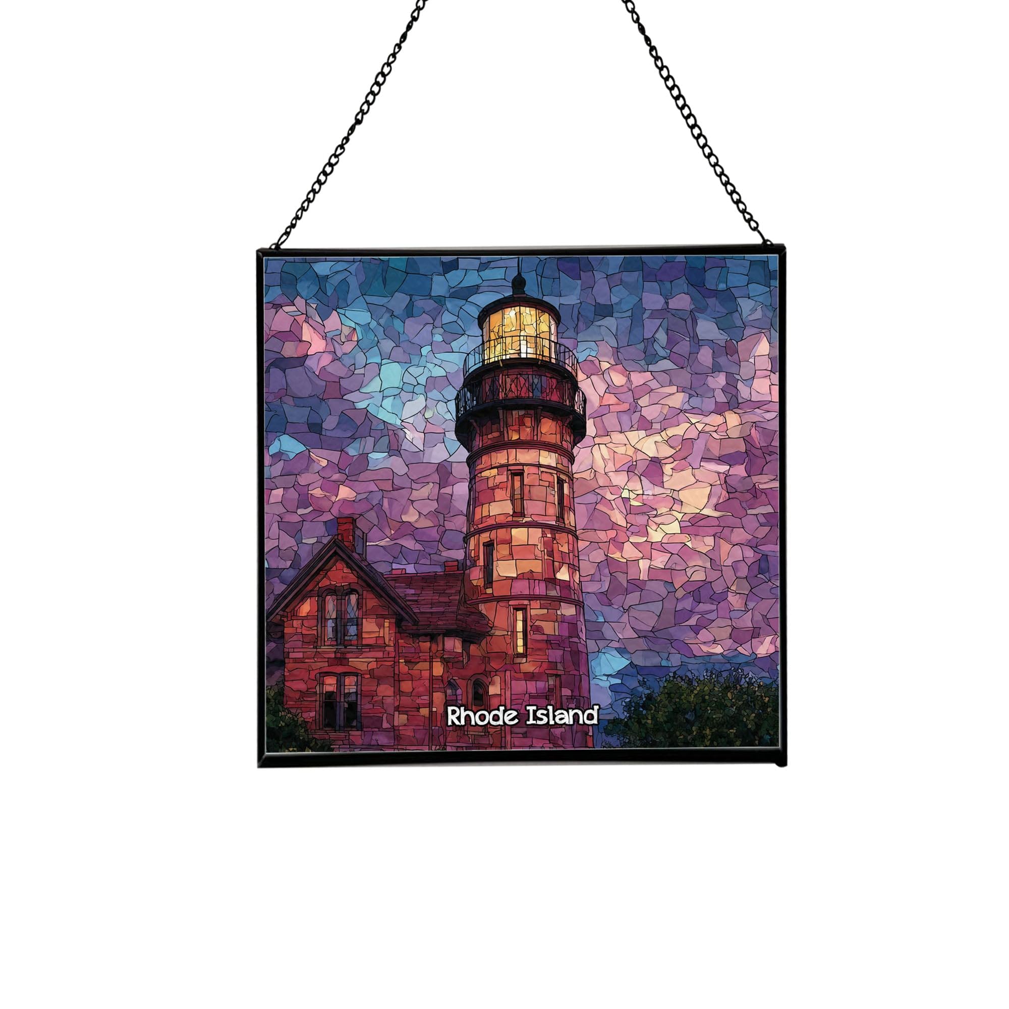Block Island-Rhode Island Landmark Stained Glass Suncatcher – Square Hanging Window Panel for Travel Lovers – Scenic Glass Art Décor for Home, Office, Halloween, Christmas xvumKS