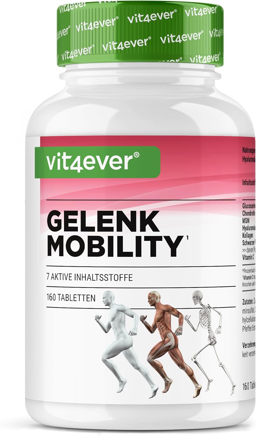 Joint Mobility – Highly Dosed with 7 Ingredients: Glucosamine + Chondroitin + MSM + Hyaluronic Acid + Collagen + Vitamin C – No Additives (160 Tablets)