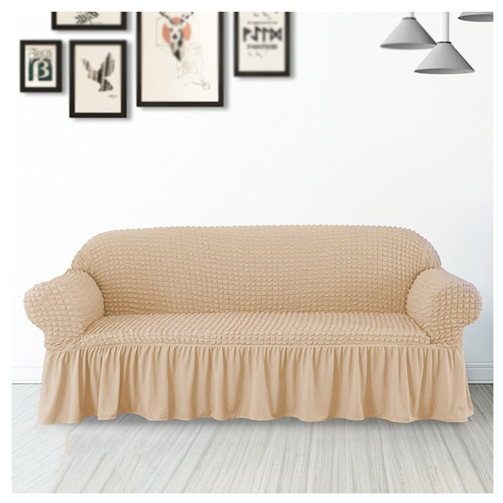 Housse de canapé extensible avec jupe de 235 à 300 cm beige pour grand canapé 4 places