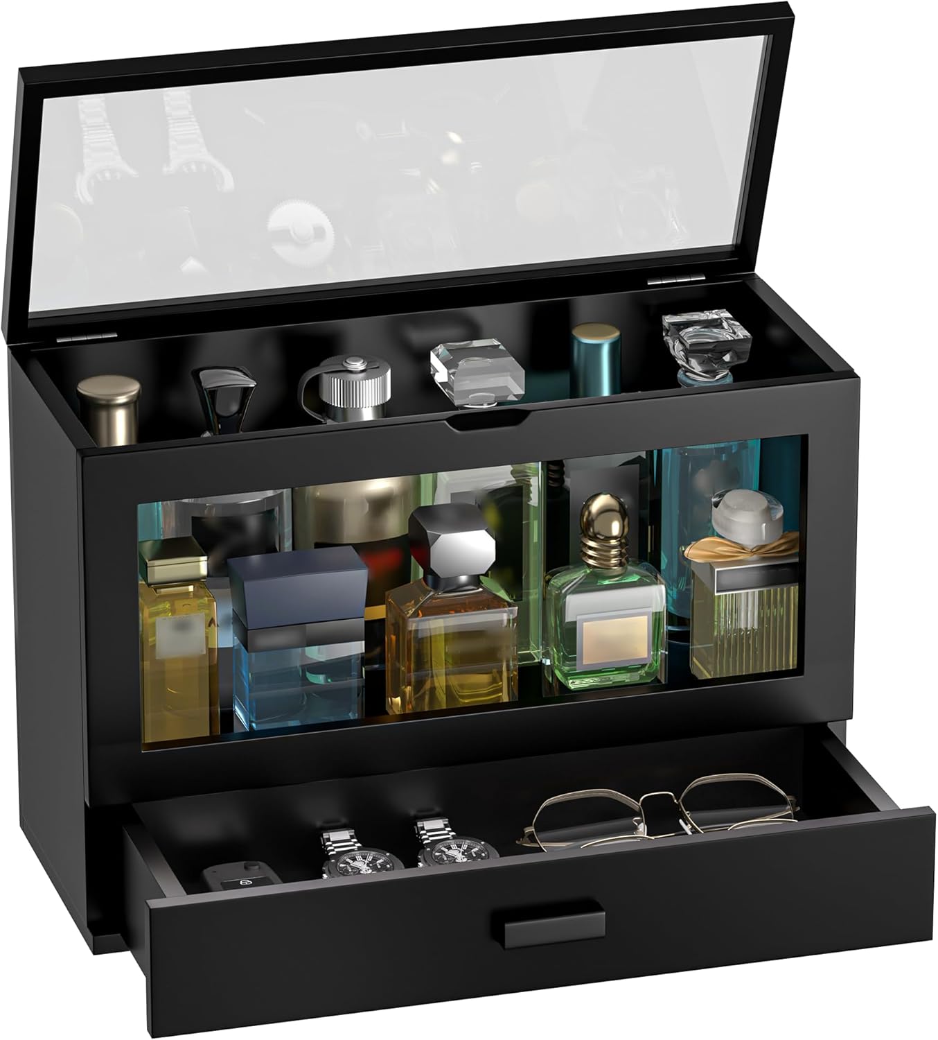 Cologne Organizer for Men, Wooden Perfume Organizer Cologne Stand with Drawer Storage Large Capacity, Gift for Men (Black)