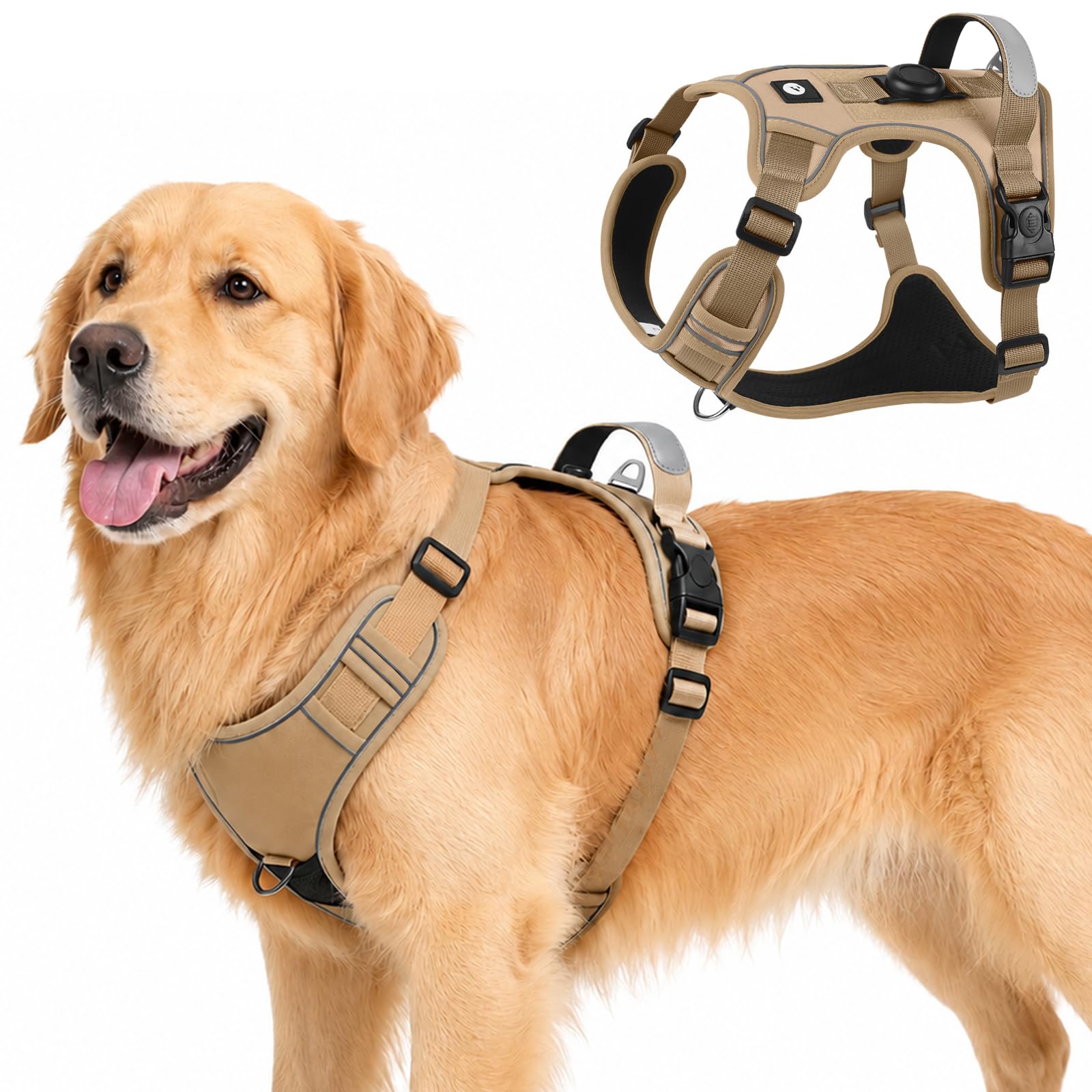 Olcyren No Pull Dog Harness with AirTag Holder, Adjustable Anti Pull Soft Padded Dog Harness with Front Clip, Reflective No-Choke Pet Vest Harness with Handle for Small Medium Large Dogs (Khaki, XL)
