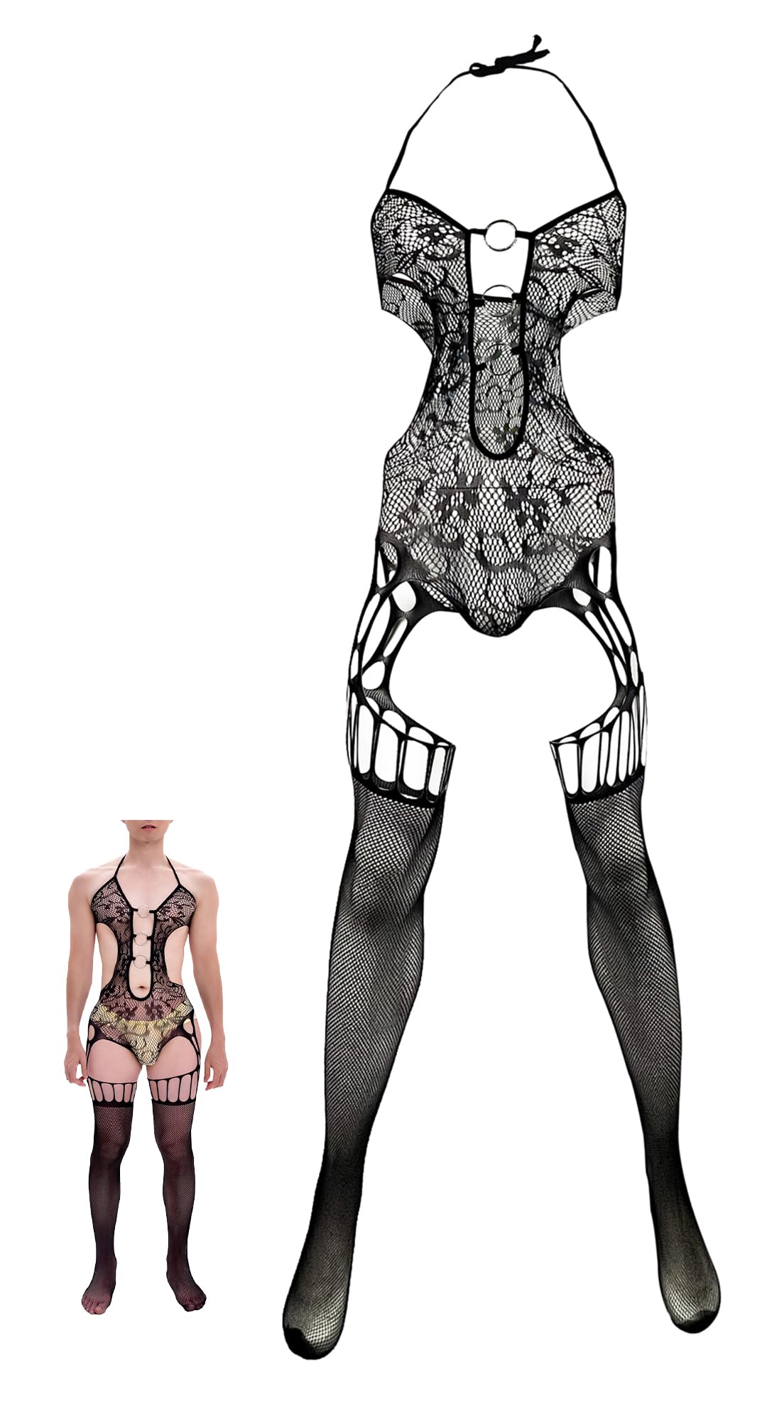 Men Lace Lingerie Sissy for Men Black Fishnet Lingerie Bodysuit Elastic One Piece Nightgown