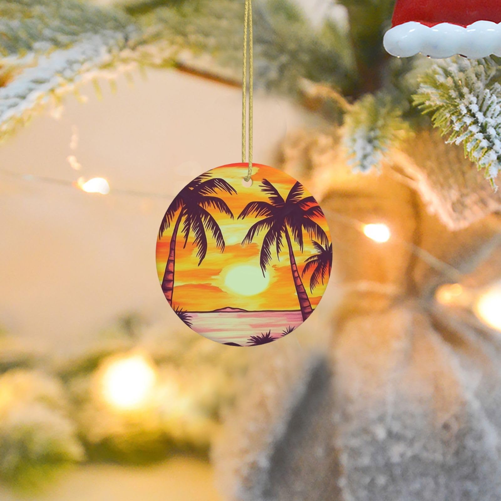 Christmas Tree Ornaments Ceramics Christmas Round Decorations Sunset Palm Tree Ceramics Ornaments Circle Pentagram Xmas Tree Hanging Pendant for Christmas Tree Party Holiday Home Decor