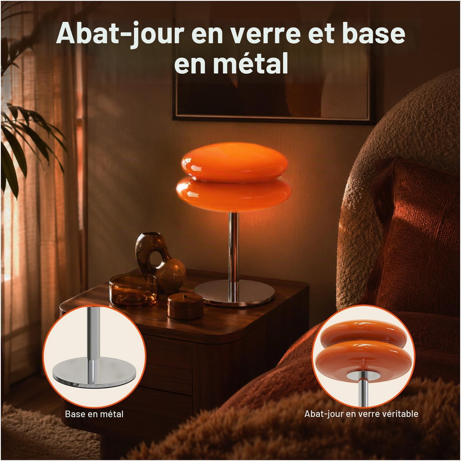 MMOBIEL Lampe Champignon Orange Lampe Mid Century Rétro avec Lumière LED Dimmable Filaire – Pour Chambre, Salon, Décoration Maison & Intérieur – En Verre, Lumière Chaude & Atmosphérique