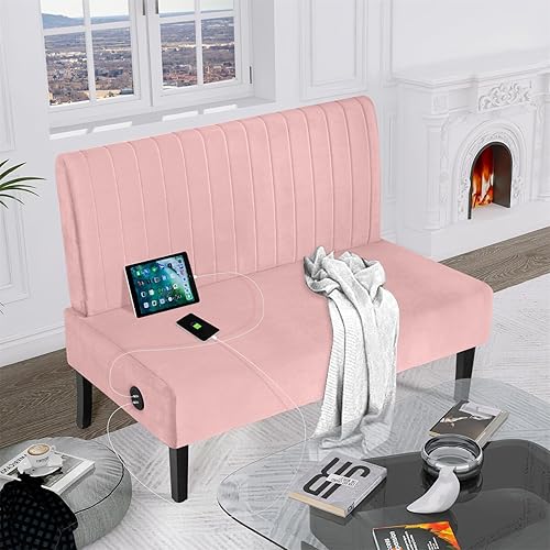 Miniatura 4 de STHOUYN Mini sofá pequeño y cómodo sofá de dos plazas sin brazos para dormitorio con puerto USB, sofás de terciopelo para espacios pequeños sala de